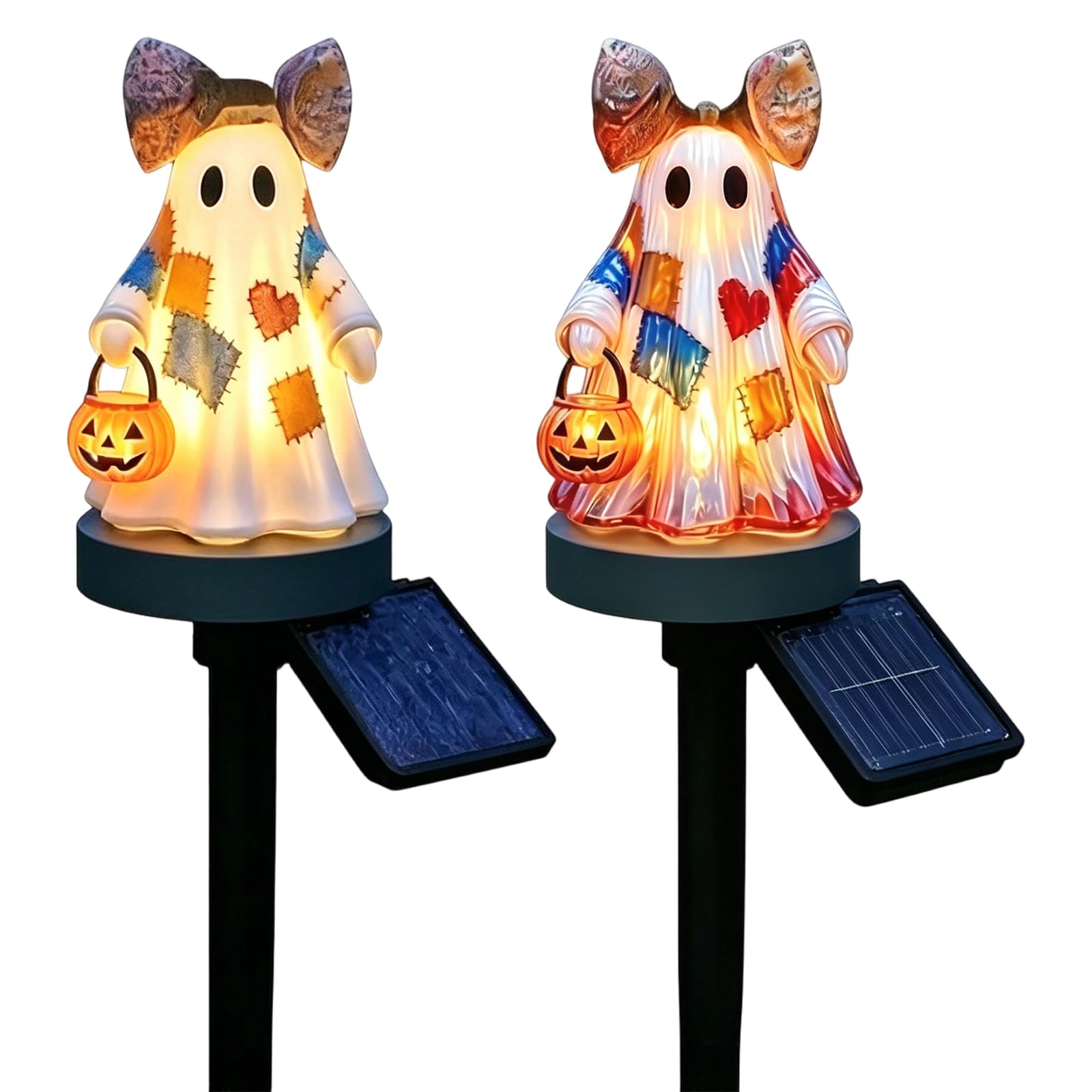 2PCS Vintage Patchwork Ghost Solar Stake Light, Patchwork Ghost Solar Garden Light with Bow and Pumpkin Lantern, Halloween Light Up Ghosts Fall Figurine Decoration for Mantel Shelf Entryway Porch