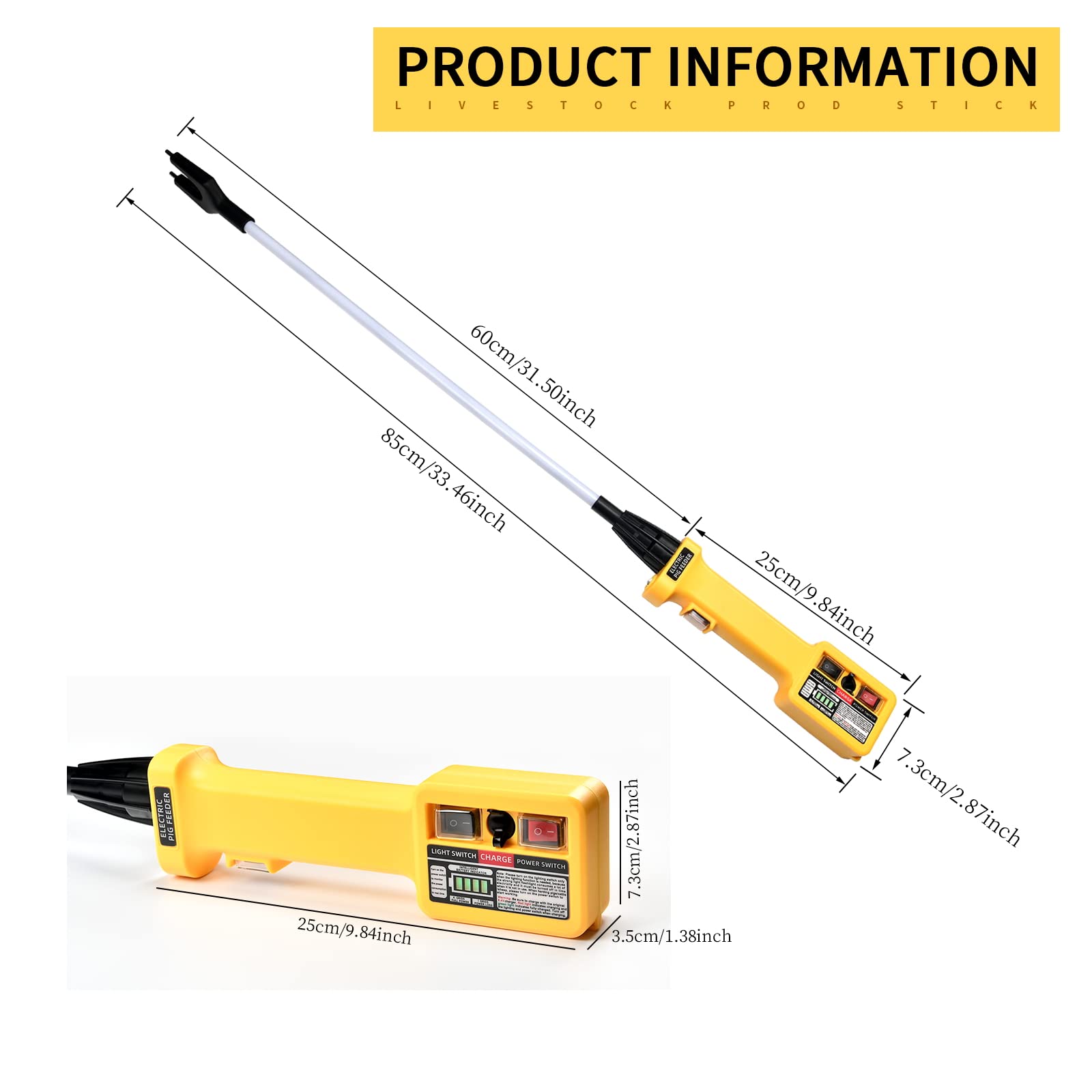LeadSeals Electric Livestock Prod Rechargeable Cattle Prod Stick with LED Light Waterproof Animal Stock Prod Shock for Cattles Pigs Sheeps Dogs (85cm/33.5 