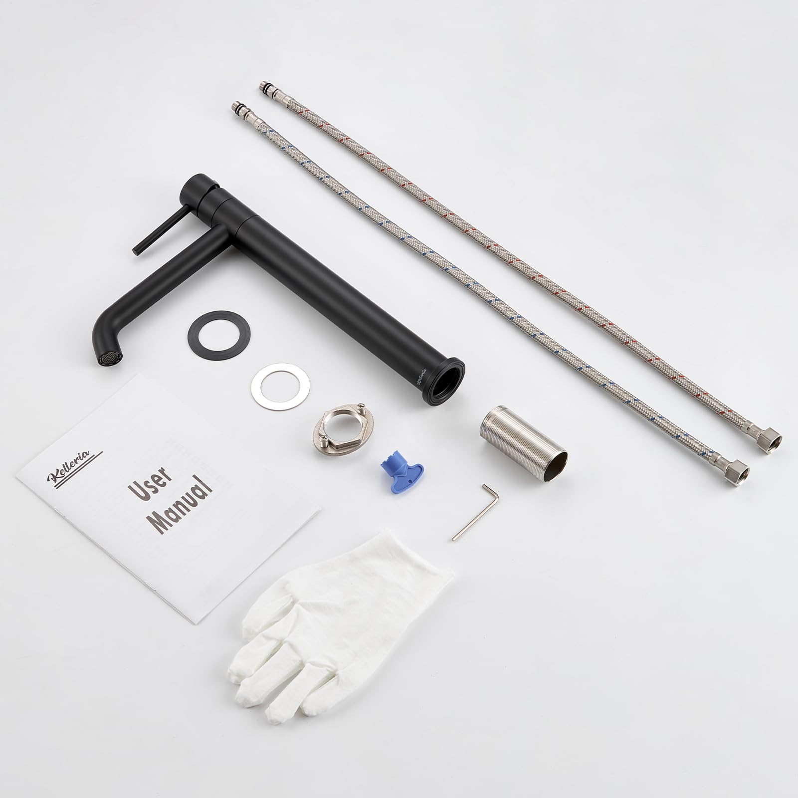 Grifo de Lavabo Alto, Grifo de Baño Giratorio 360°, Grifo Mezclador de Caño Alto para Lavabos de Encimera, llaves de Paso de Agua Baño Monomando de Baño, Negro