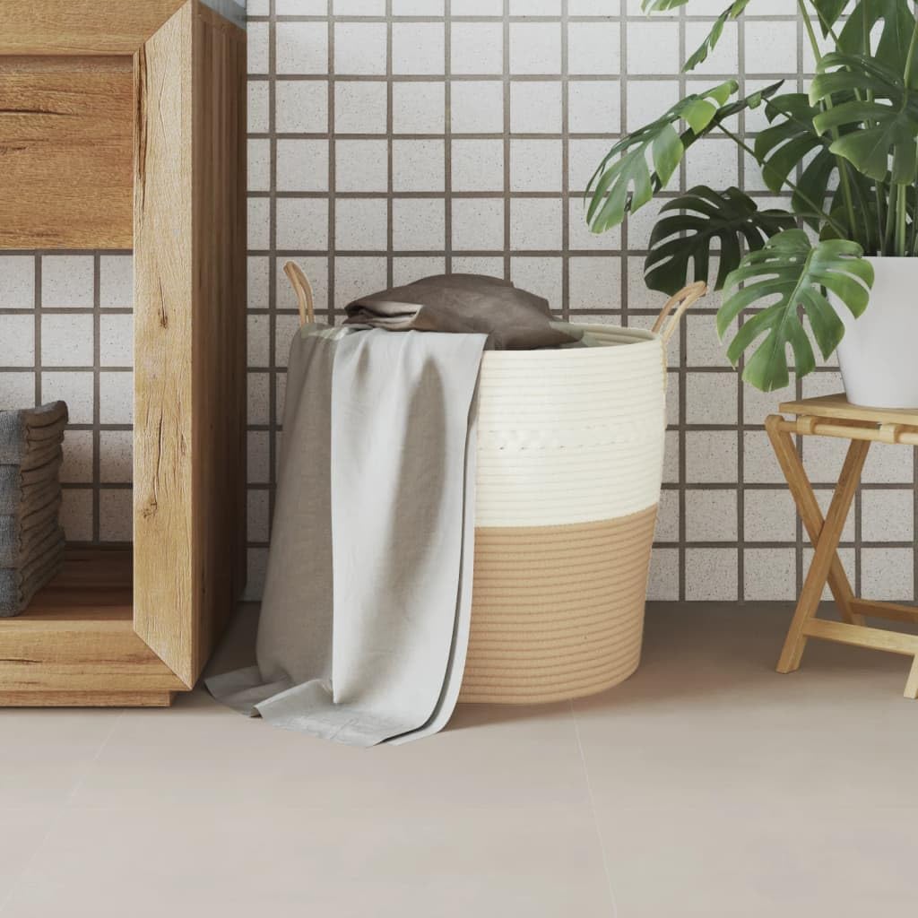 Runder Aufbewahrungskorb aus Baumwollseilen, beige-weiß, Ø43x38 cm, faltbar und platzsparend, mit robusten Griffen für einfachen Transport, vielseitig nutzbar für Kleidung,
