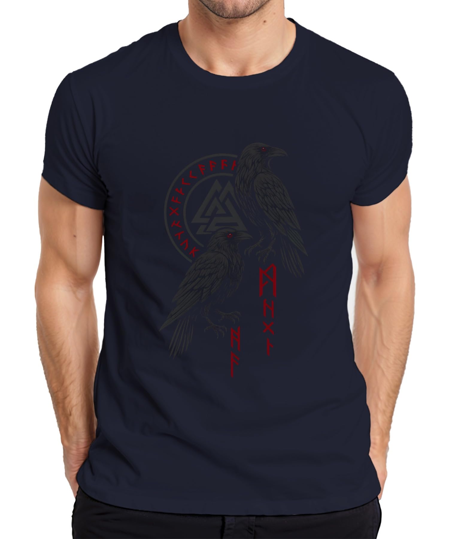 Printera Men's Navy Viking Ravens Odin Ravens Hugin Munin Nordic Runes Valknut T-Shirt, M