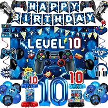 10th Birthday Decorations for Boys, Blue Video Game Party Decorations, Level 10 Backdrop, Banner, Hanging Swirls, Honeycomb Centerpieces, Foil & Latex Balloons for 10 Years Old Boy Birthday Decor