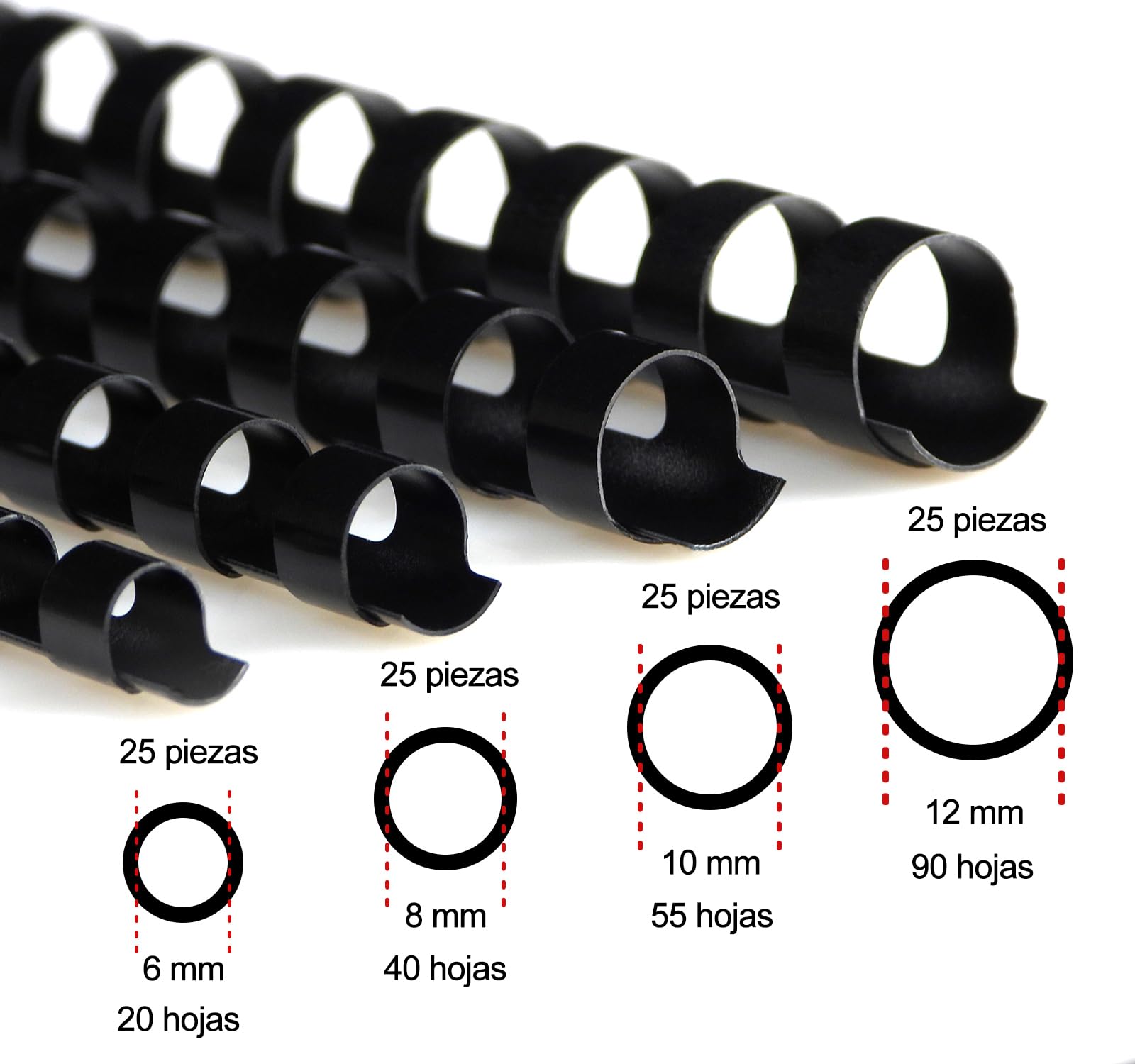 RAYSON Canutillos encuadernar de plástico, Multitamaño, 21 anillas, Capacidad de encuadernación de 20-90 hojas, 6mm 8mm 10mm 12mm, A4, Negro, paquete de 100
