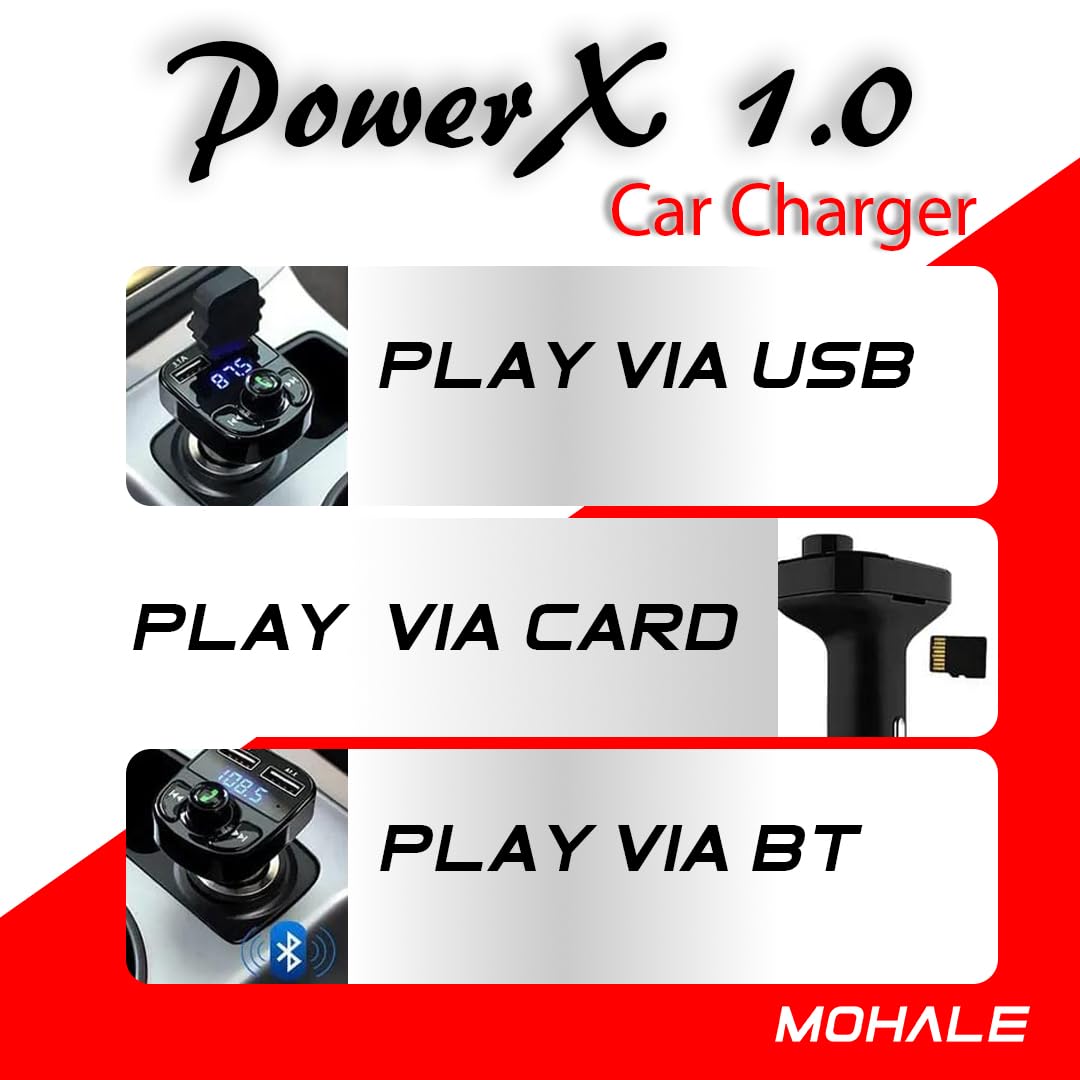 Mohale PowerX 1.0 Bluetooth FM Transmitter, Car Charger with Dual USB Ports (3.1A/1.0A), LED Display, Hands-Free Calling, Music Player, Black 1