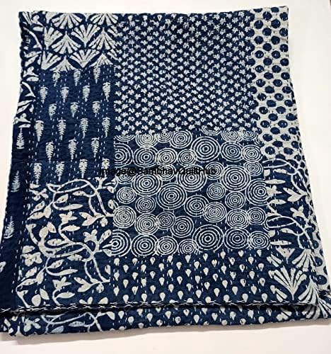 Blue Indigo Print Cotton Handmade Handblock Quilted Blanket Indian Cotton Indigo Print Bedspread Kantha Work Bohemian Bed Decor Block Throw Blanket Twin/King/Queen (108X108 inches)