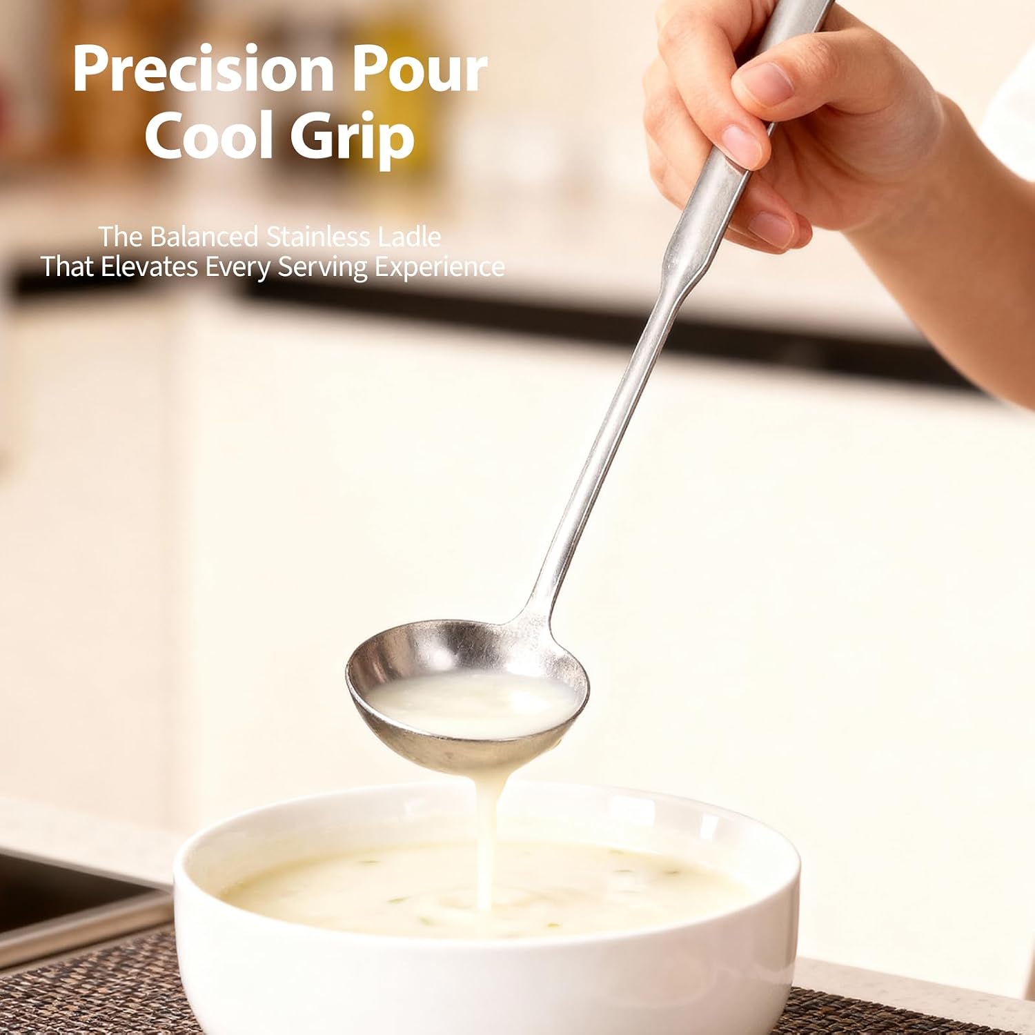 Stainless Steel Soup Ladle, 11.8-Inch Long Handle, Deep Bowl for Soup, Stew, Chili & Sauce, One-Piece Metal Serving Spoon with Hanging Hole, Dishwasher Safe