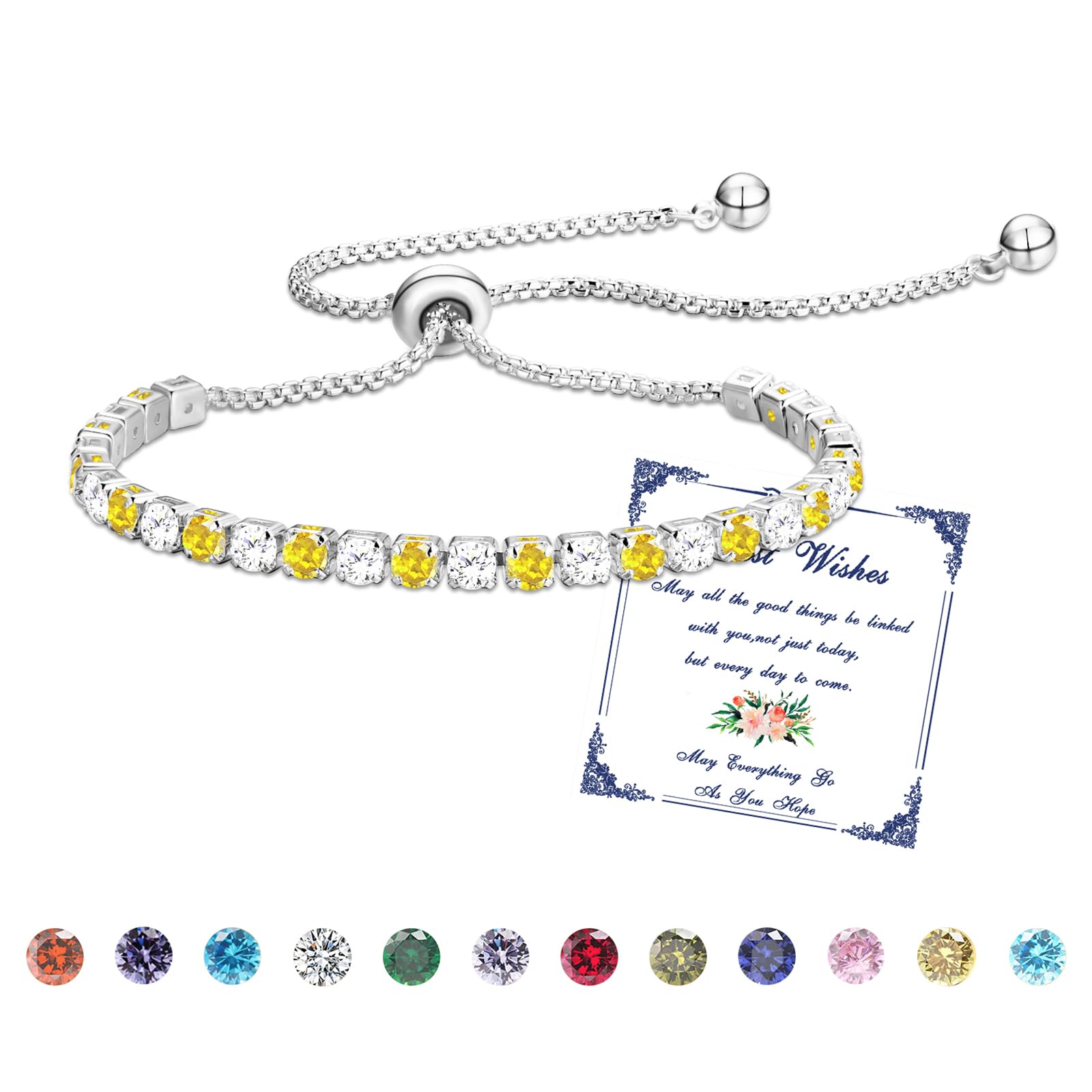 Esmoly Bracciale Donna Argento Bracciale Tennis con 12 Colori di Pietre Natali e 5A Sparkle Zircone Regolabile Regalo Compleanno Donna Ragazza