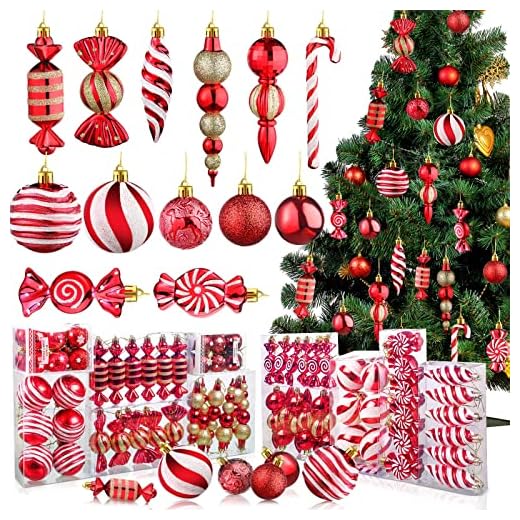 Yinder 84 Pcs Christmas Tree Ornaments Red and White Ball Ornaments Bulk, Xmas Hanging Candy Ornaments Swirl Lollipop Ornament Candy Cane Decorations for Christmas Tree Party Decor Kids Gift