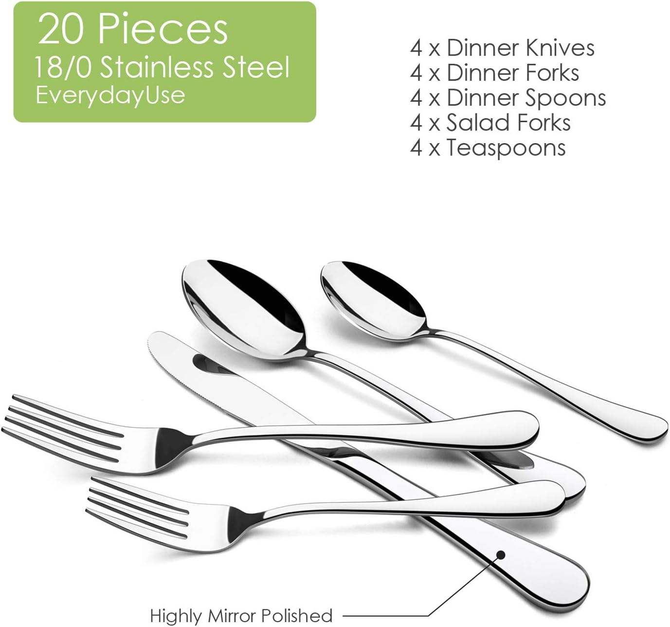 20-Piece Silverware Set for 4, HaWare, Stainless Steel Flatware Cutlery for Home Kitchen Hotel Restaurant Wedding, Classic and Modern Design Eating Utensils, Mirror Polished Tableware, Dishwasher Safe