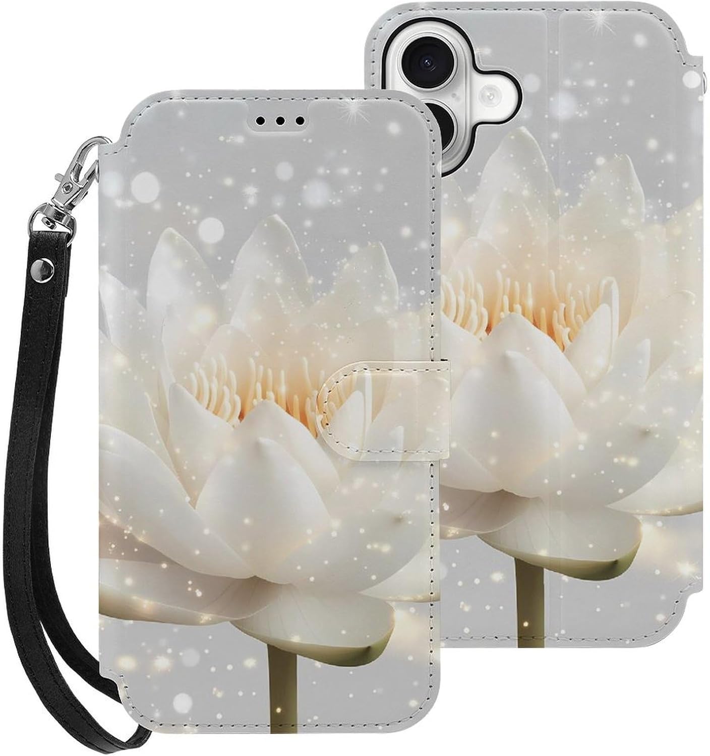 Sparkles Lotuss Flower Compatible with iPhone 16/16 Plus/16 Pro/16 Pro Max/16 E Case Phone Wallet Card Holder Flip Cover with Wrist Strap