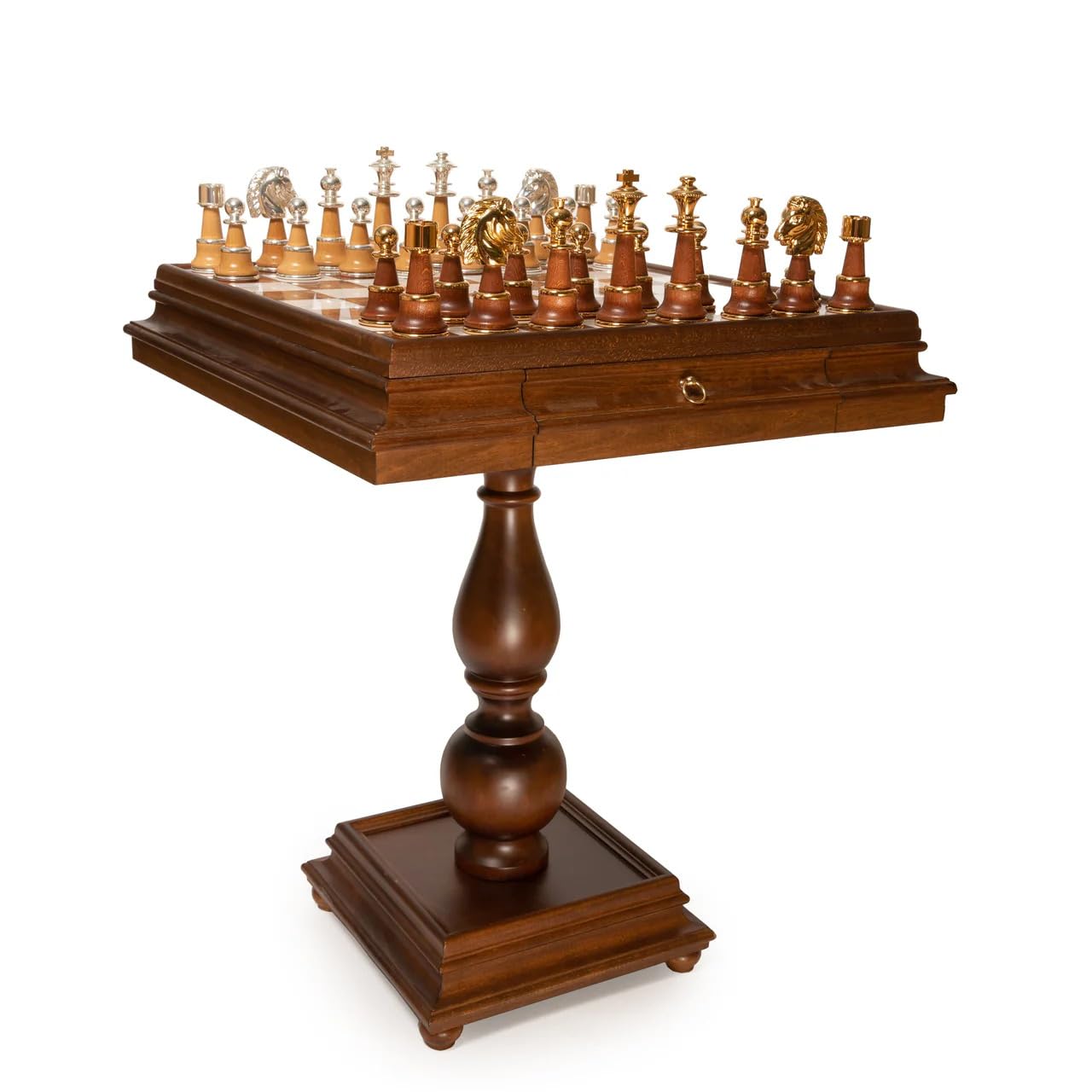 Staunton XL Set + Tilia Wood Chess Table Marble Top Double Drawer New