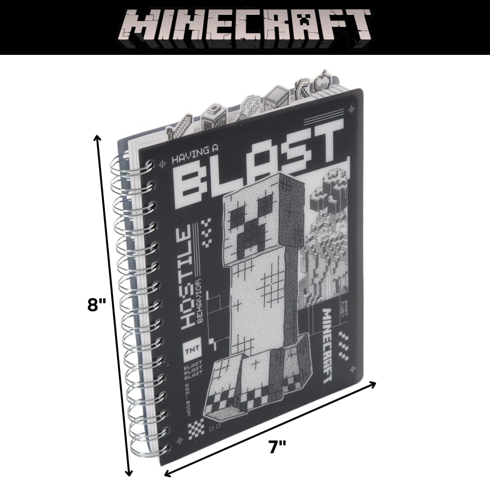 Carnet de notes Minecraft pour enfants avec onglets, à reliure spirale, 144 pages lignées, 20,3 x 17,8 cm
