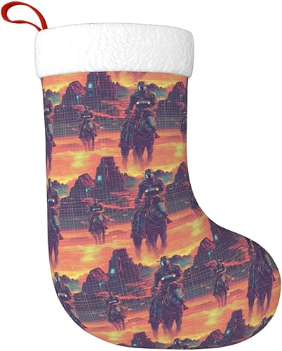 Large Christmas Stockings 18 Inch - Soft Cuff Cyber Retro Western Cowboy Print Family Stockings for Christmas Plush Decorations for Xmas Tree