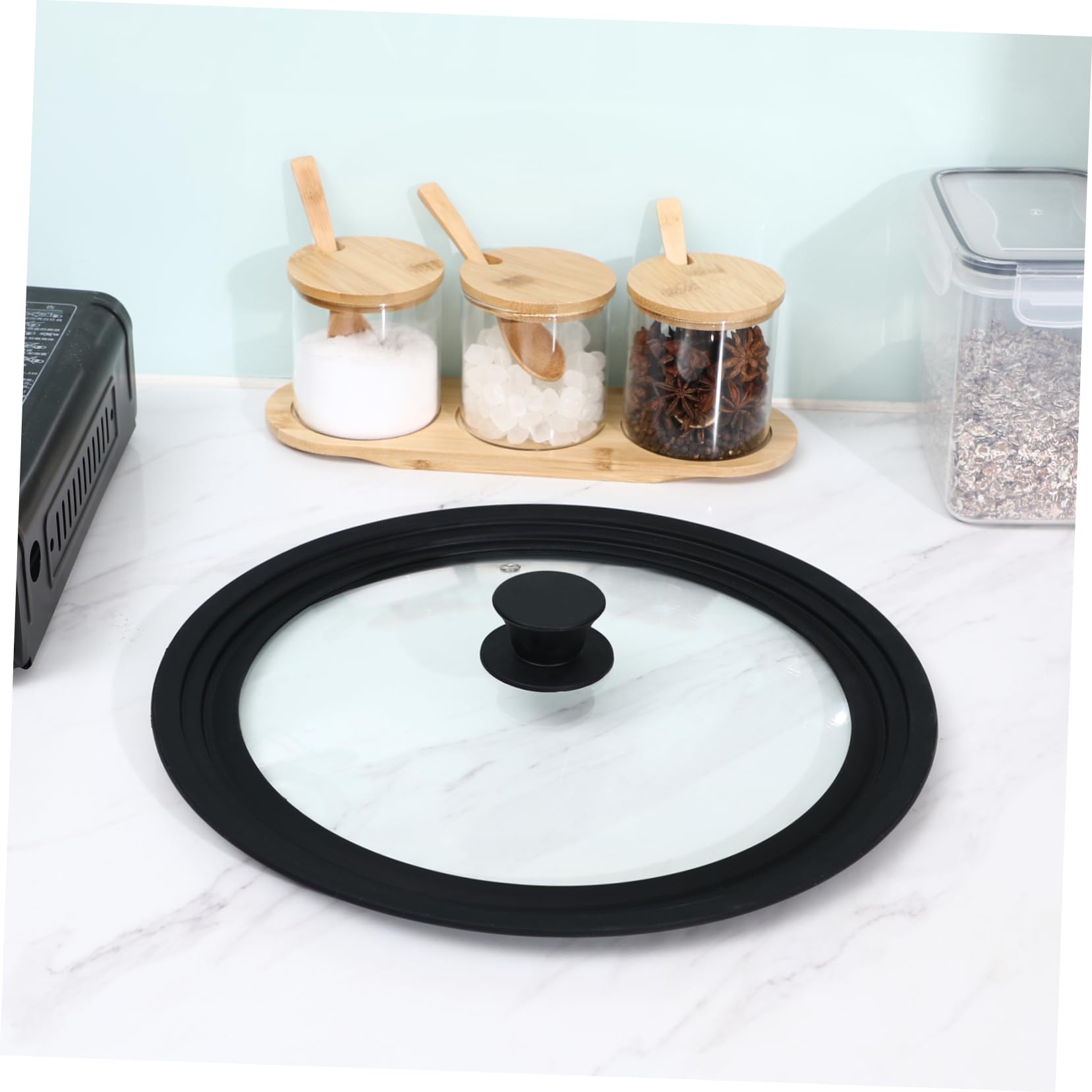 TOPBATHY Pentola Multifunzionale Con Vaso in Silicone in Temperato Nero 28x30x32cm Coperchio Della Pentola Wok Coperchi Da Cucina Laterale Universale