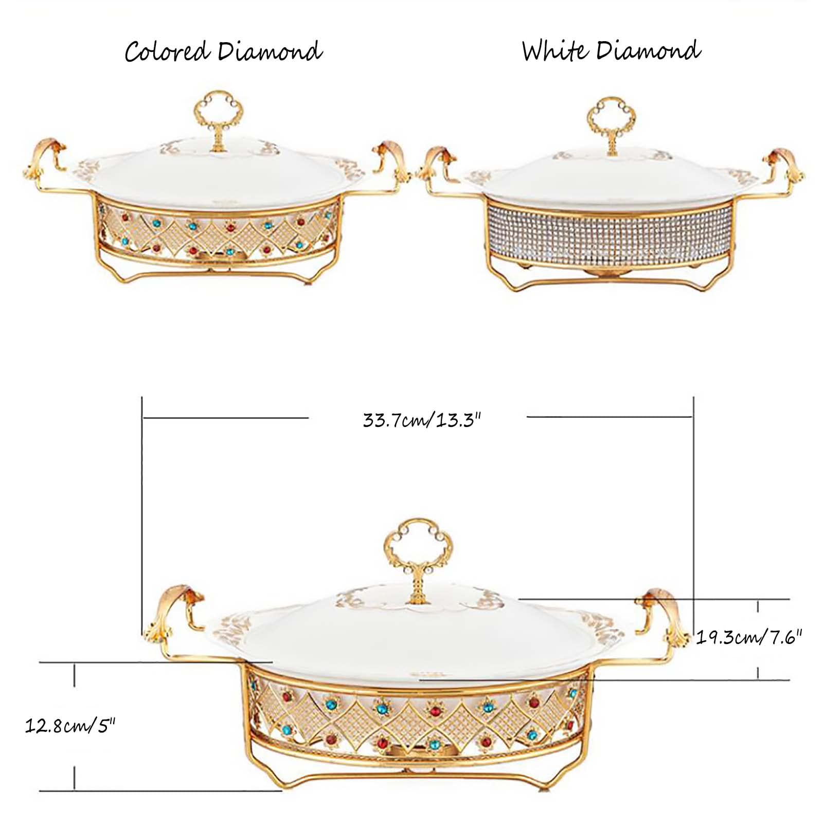 SDdPulse Scaldavivande ovali in ceramica da 1 litro e scaldavivande per buffet, padella, supporto per carburante con strass e coperchio in ceramica per buffet, matrimoni, feste, Natale, multicolore