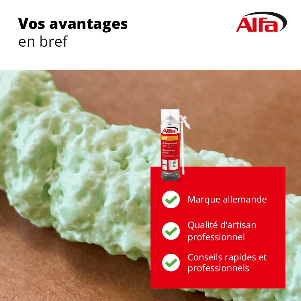 621 ALFA - Mousse PU expansive bi-composants 400ml manuelle pour châssis, 2 pièces, à durcissement rapide, rendement du volume 12-14 l (une fois posé)
