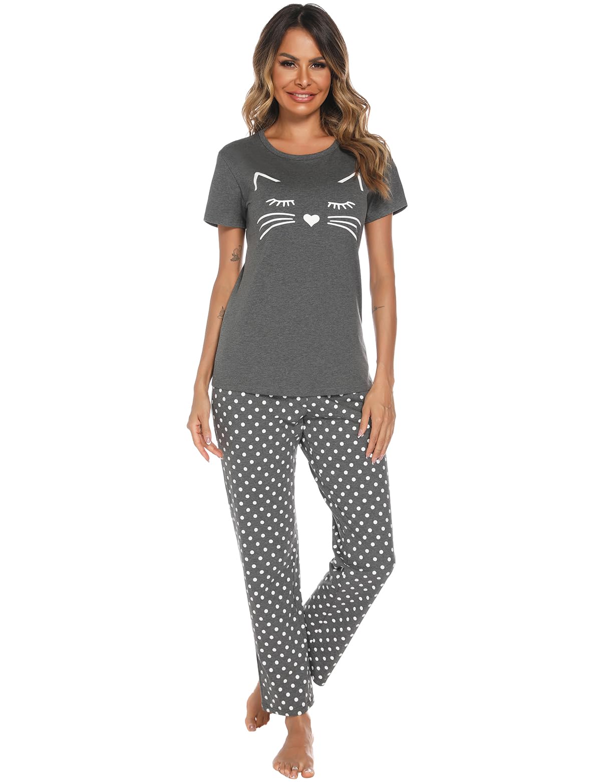 SPKPKEY Women's Cotton Cute Printed Pajamas Set Short Sleeve Tops and Long Pants 2 Piece Loungewear Sleepwear PJs Sets