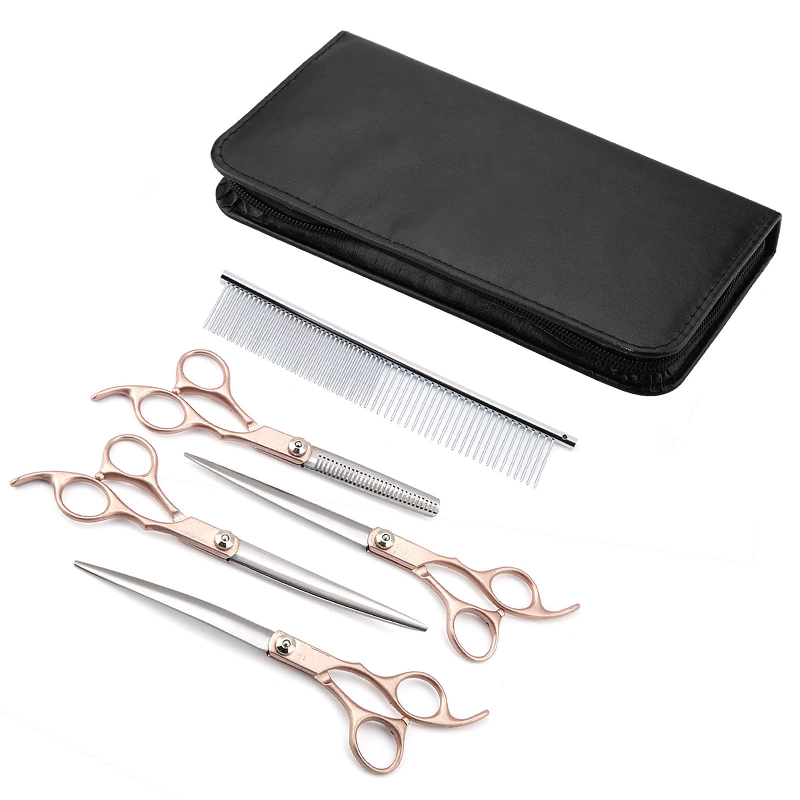 7.0 Dog Grooming Scissors Set, Professional Dog Grooming Kit, Straight Thinning Curved Scissors 4 Pcs Set with Comb, Pet Grooming Shears for Cats, Dogs and Other Animals