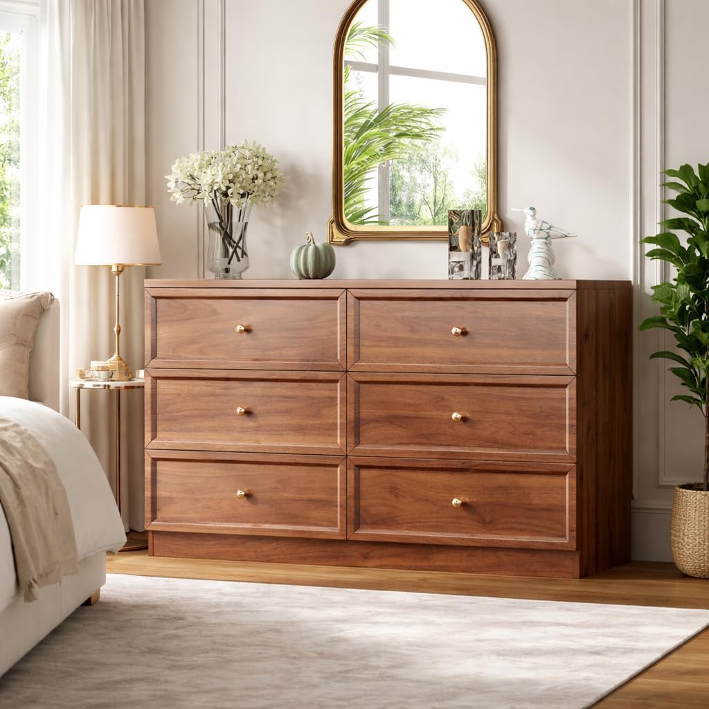 Walnut Dresser for Bedroom, 6 Drawer Wood Chest of Drawers, Drawer Organizer for TV Stand, 47inch Modern Wooden Bedroom Furniture Set for Closet, Living Room, Nursery