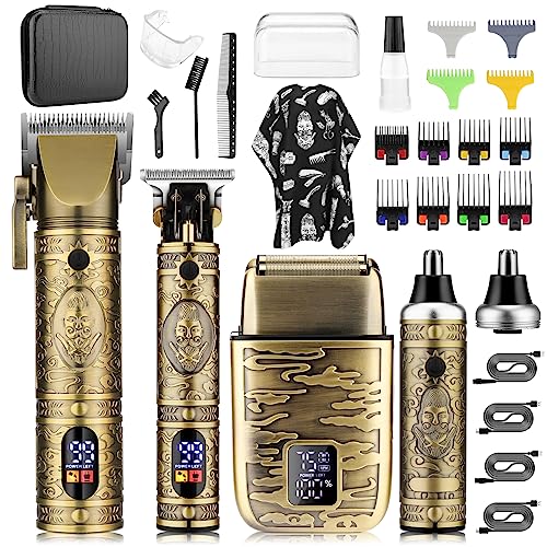 Qreeyx® Hair Clippers for Man, T-Blade Trimmer Nose Hair Trimmer Electric Shaver 4 in 1 Haircut Set, Professional Metal Body Barber Clippers Set with LCD Display, Ideal Gift for Him