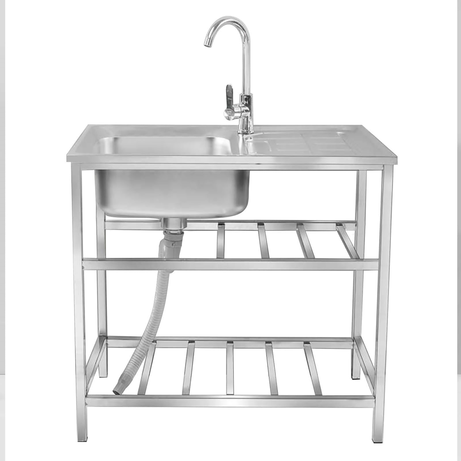 Gewerbliche Edelstahl Küchenspüle mit Arbeitsfläche, freistehendes Einzelbecken für Gastronomie Vorbereitung, Gemüsespüle mit Wasserhahn und Ablage(Double layer)