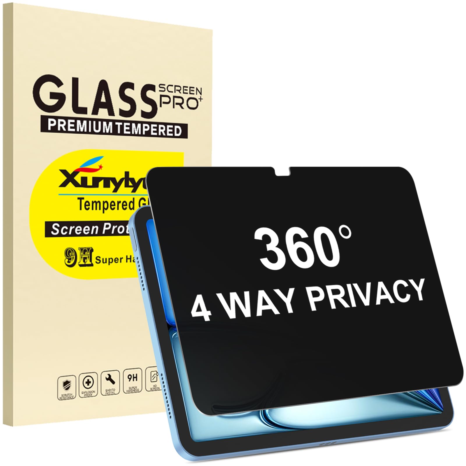 Photo 1 of XunyLyee 360° 4 Way Privacy Screen Protector for iPad Air 11 Inch M4 M3 M2 (8th/ 7th/ 6th Generation, 2026/2025/2024), 360 Degree Anti-Spy Tempered Glass Film, Apple Pencil Support, Case Friendly