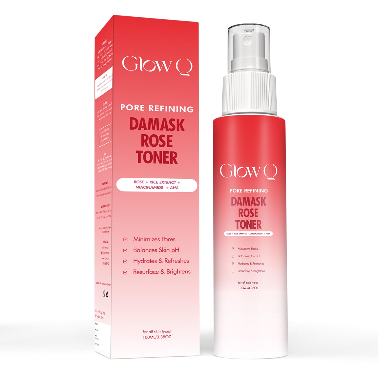 GLOW Q Pore Refining Damask Rose Water Toner for Face|Rose Toner Spray for Face Infused with Rice Extract Niacinamide & AHA- Organic Rice Toner for Glowing Skin,Exfoliating toner Fades Hyperpigmentation Marks, Skin Brightening, Balances Skin pH |For Women & Men 100ML
