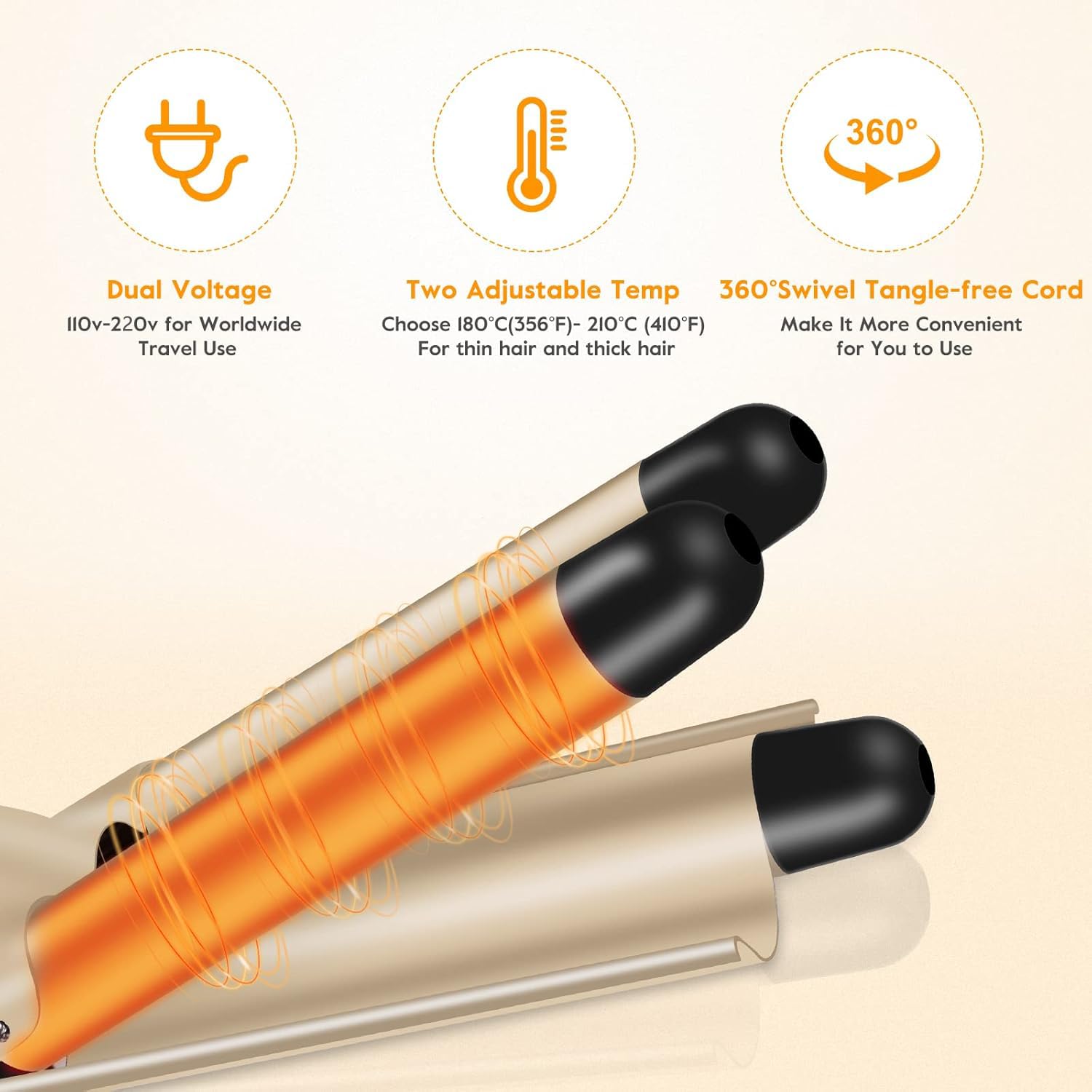 Rizador Pelo Ondas Plancha Ondas, rizador con 3 barriles con 2 temperaturas ajustable (180℃-210℃), rizador de pelo ondulado de 25 mm para el peinado largo/corto