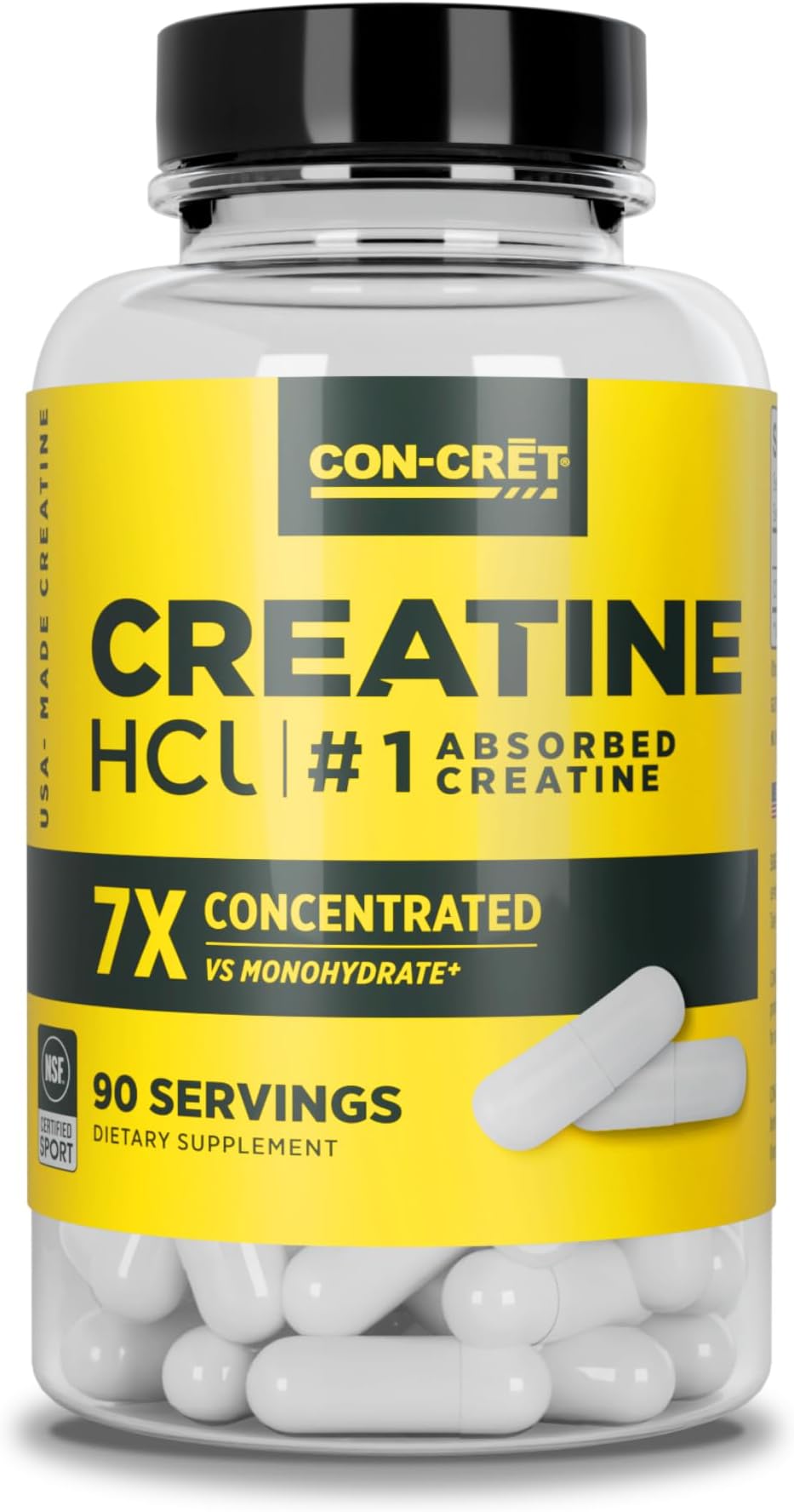 CON-CRET Creatine HCl Capsules | Muscle, Cognitive, Cellular Energy Support | No Bloating or Cramps | USA Made & NSF Certified | Creatine Pills (90 ct)