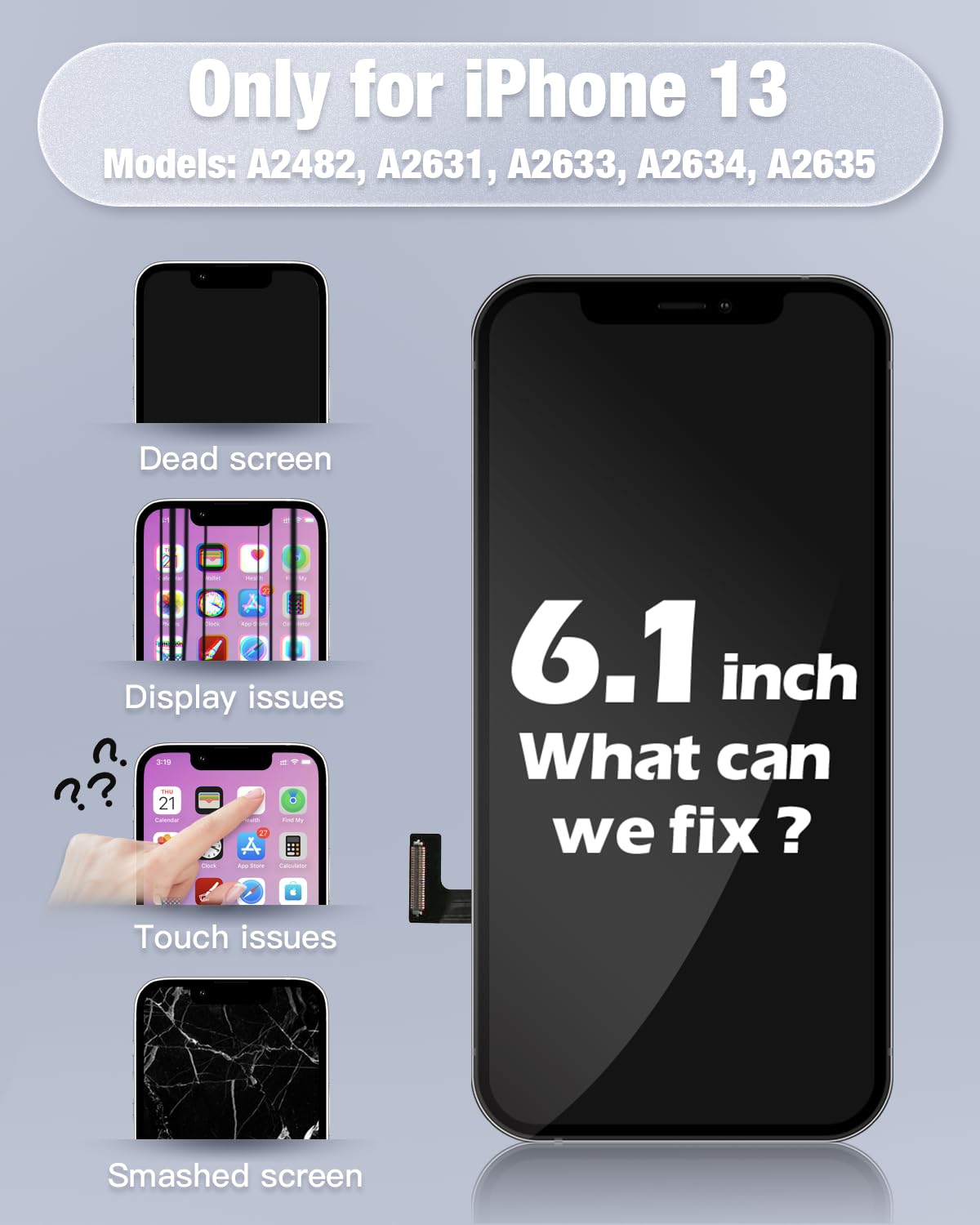 GULEEK Display per iPhone 13, 6,1" LCD Schermo Sostituzione Vetro Touch Digitizer con Kit di Strumenti di Riparazione