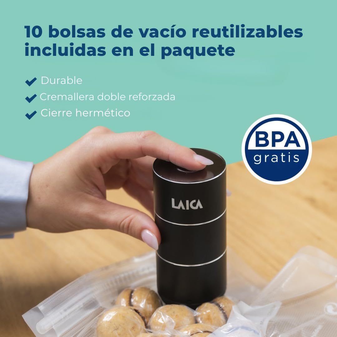 LAICA Mini bomba de vacío recargable - 10 bolsas reutilizables incluidas - Ideal para conservar alimentos hasta 5 veces más tiempo - Ahorra espacio, práctica y portátil | Portátil, batería de larga duración, conserva hasta 5 veces más tiempo, compatible c