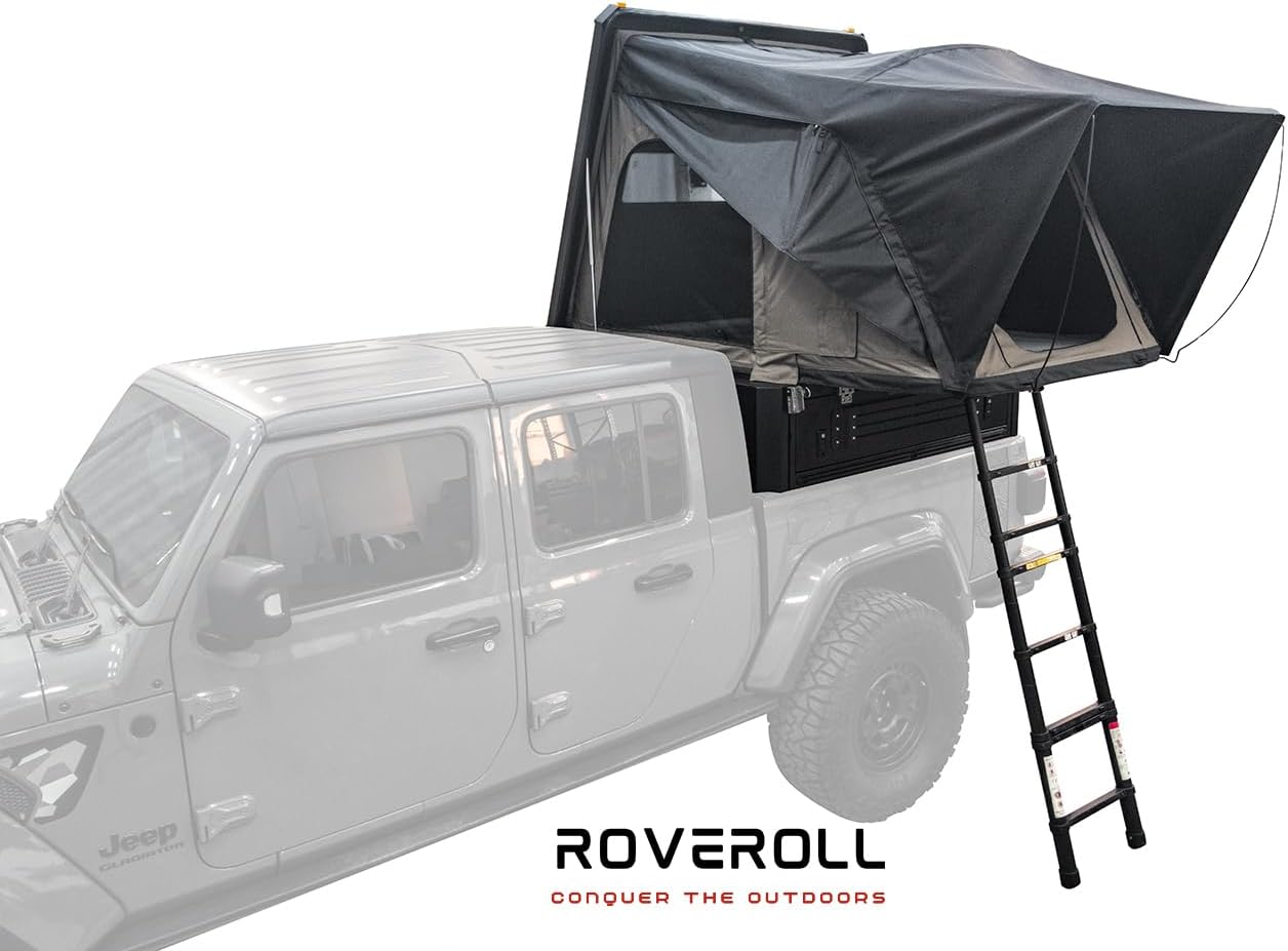 Hardshell Camper Shell Cap,Truck Canopy with Rooftop Tent, with LED Light, USB Charing Station, Ladder, Memory Mattress, Compatible for 2019-2025 Jeep Gladiator, 5 ft. Bed