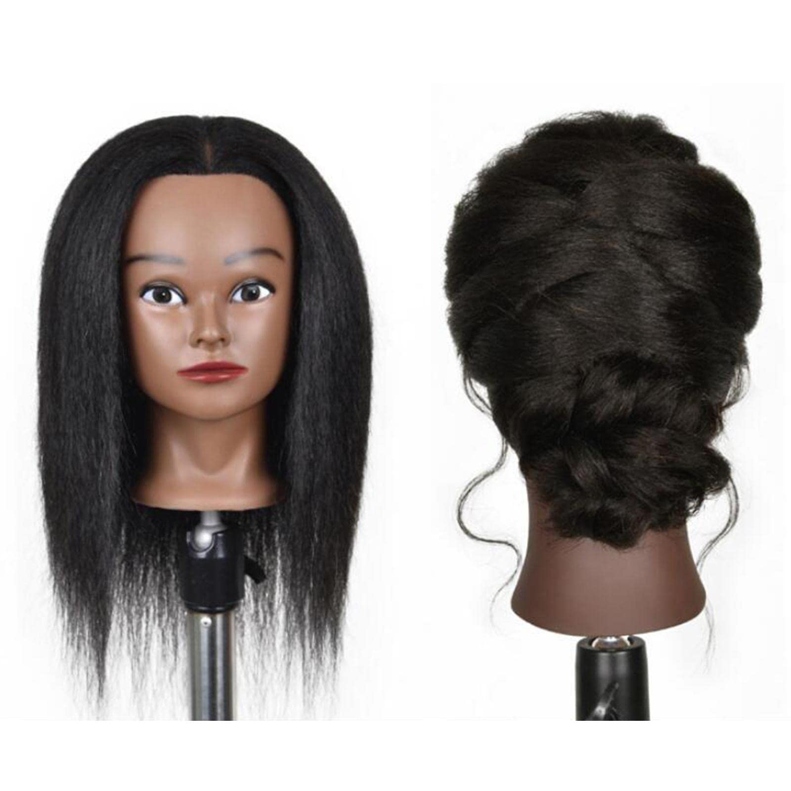 barenx Pettorina per lo styling dei capelli con testa di manichino afro, con morsetto, capelli veri umani, spessi, può permanente, candeggina, taglio e soffiaggio, 35,6 cm, nero chiaro A
