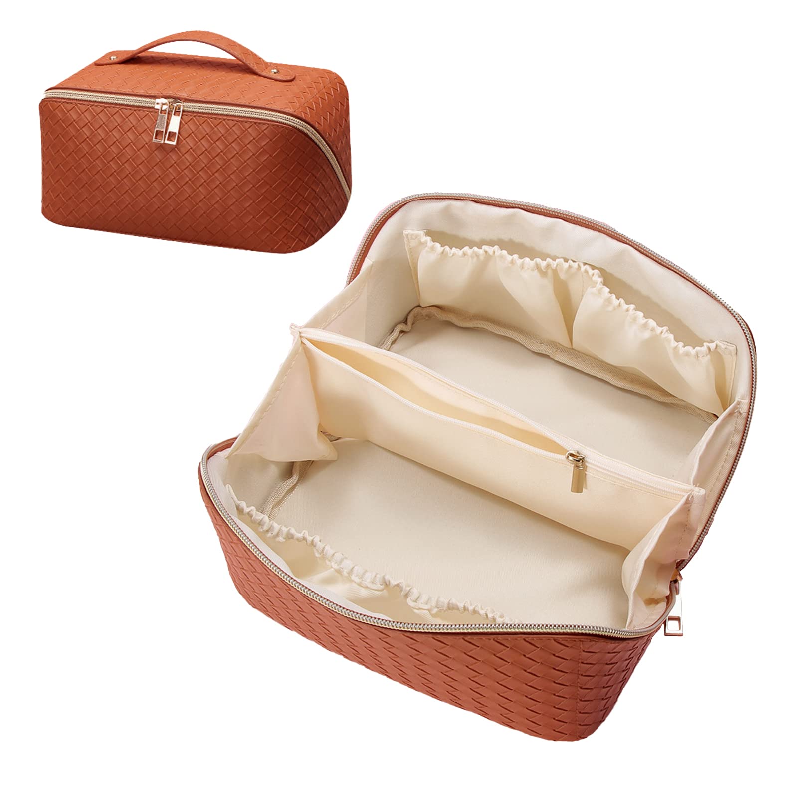 JSMAASER Large Capacity Travel Cosmetic Bag, PU Leather Waterproof Cosmetic Bag, Multifunctional Storage Makeup Bag, Checkered Makeup Bag with Handle and Divider (Double Zipper, Brown)