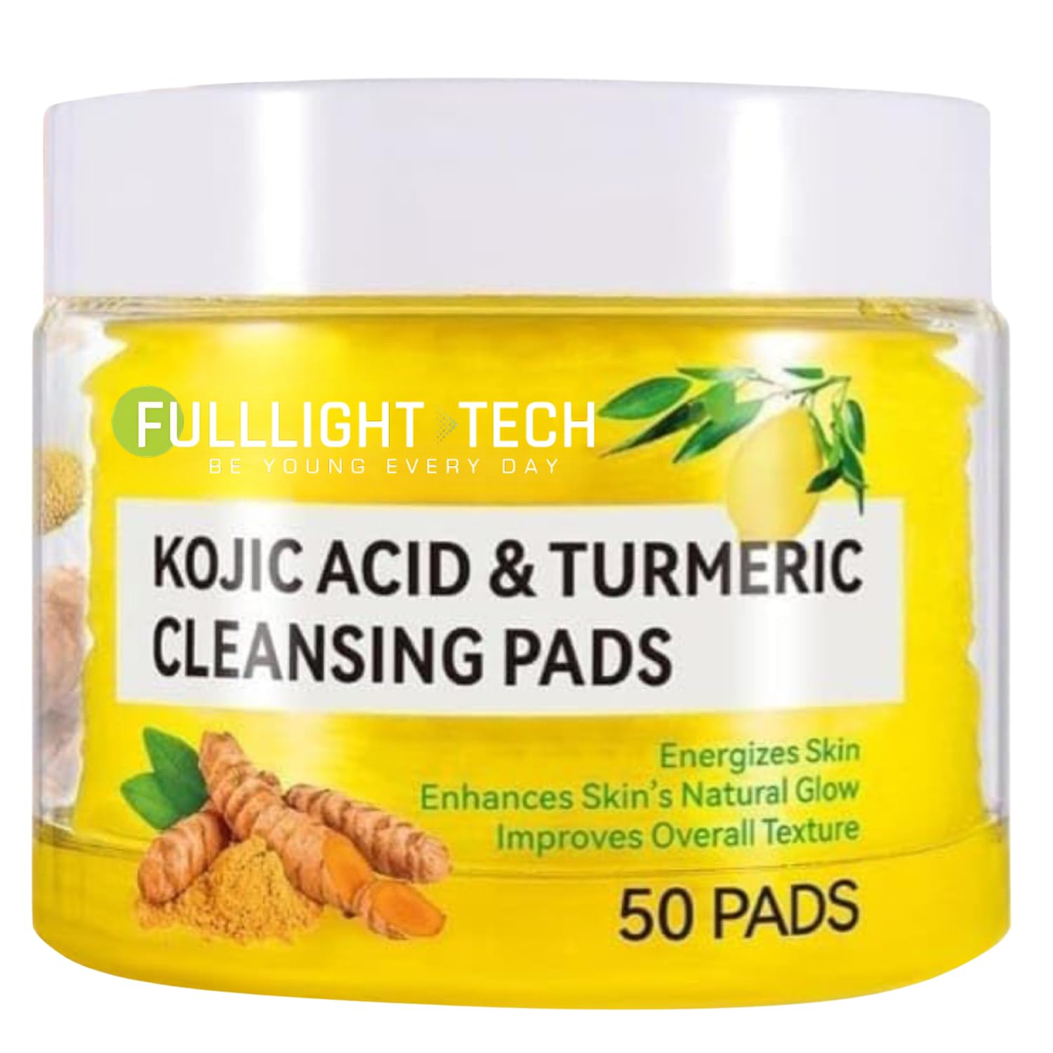 FullLight Tech Kojic Acid & Turmeric Cleansing Pads for Face – 50 Pads | Toner Pads for Glowing Skin, Dark Spots, Brightening & Deep Cleansing | Kojic Acid Turmeric Pads for Skin Texture & Glow