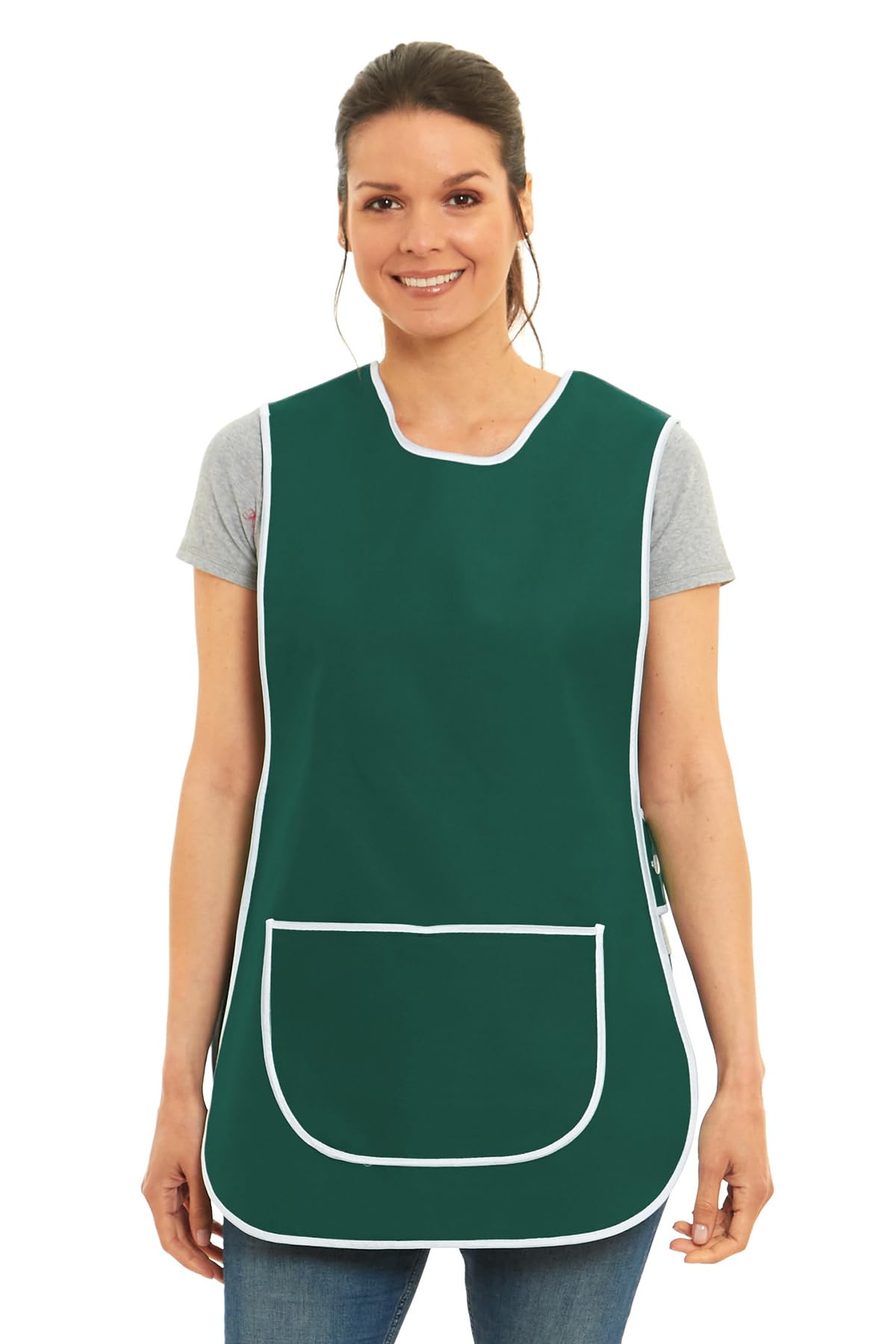 Ladies Plain Tabard with White Piping Apron Overalls Front Pocket Stylish Tabards for Women Casual Aprons for Women Home Kitchen Restaurants Coffee Shops UK Made (Green, L)