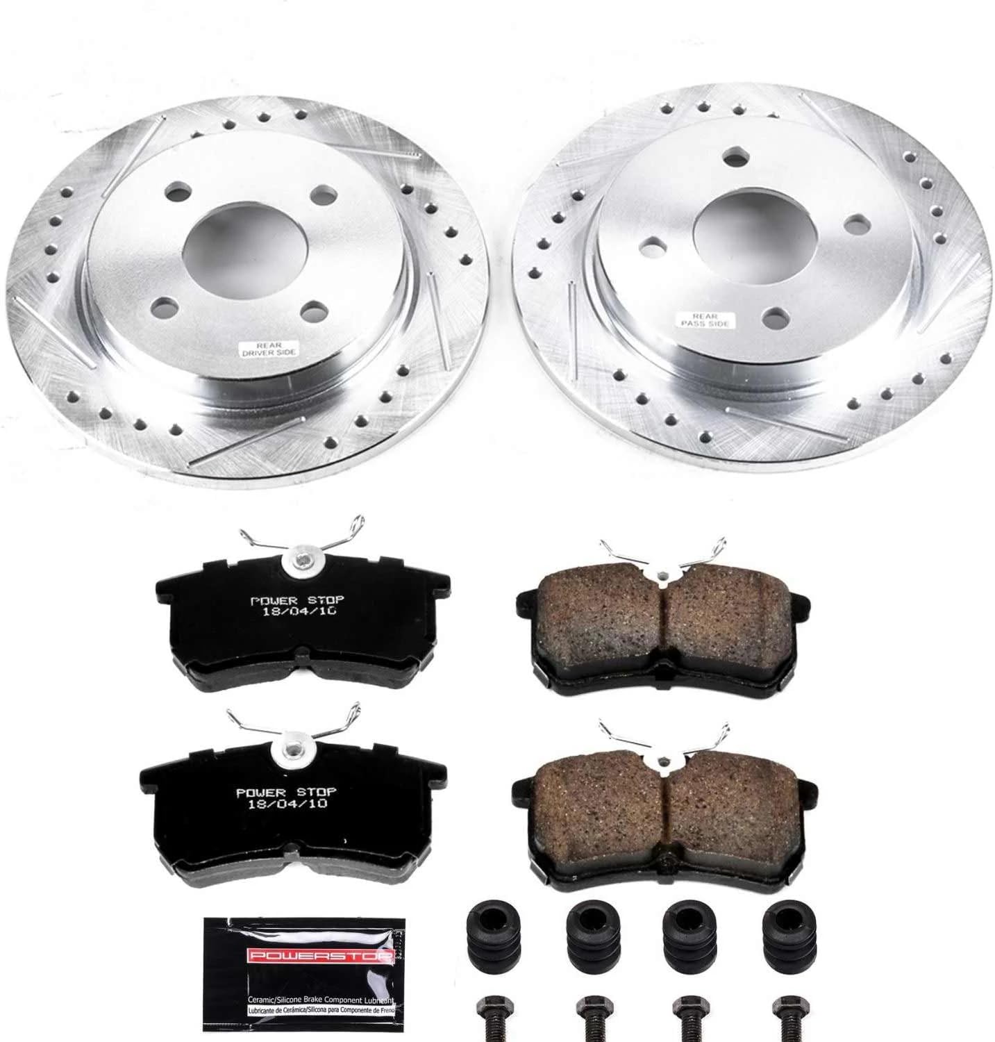 PowerStop Rear Brake Kit For Ford Fiesta 2014-19 | Ford Focus 2001-07 - Drilled and Slotted Disc Rotors with Ceramic Brake Pads Replacement, K1363