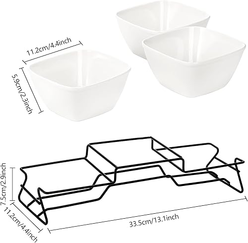 Miniatura 2 de ZENFUN Juego de tazón cuadrado de 10 onzas, cuencos de ramekin de Pocelain con soporte de estante de metal, platos pequeños blancos, bandeja para