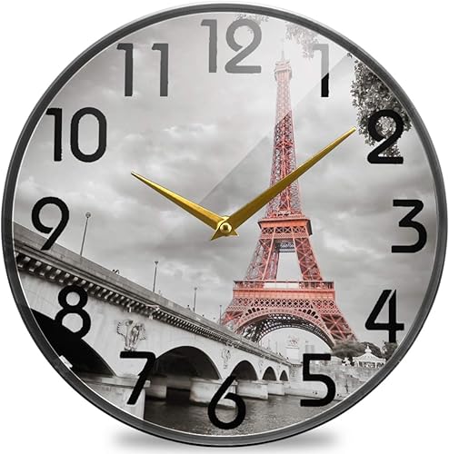 Naanle Reloj de pared redondo con estilo 3D de la Torre Eiffel París en estilo monocromático, silencioso de 9.5 pulgadas, funciona con pilas, de