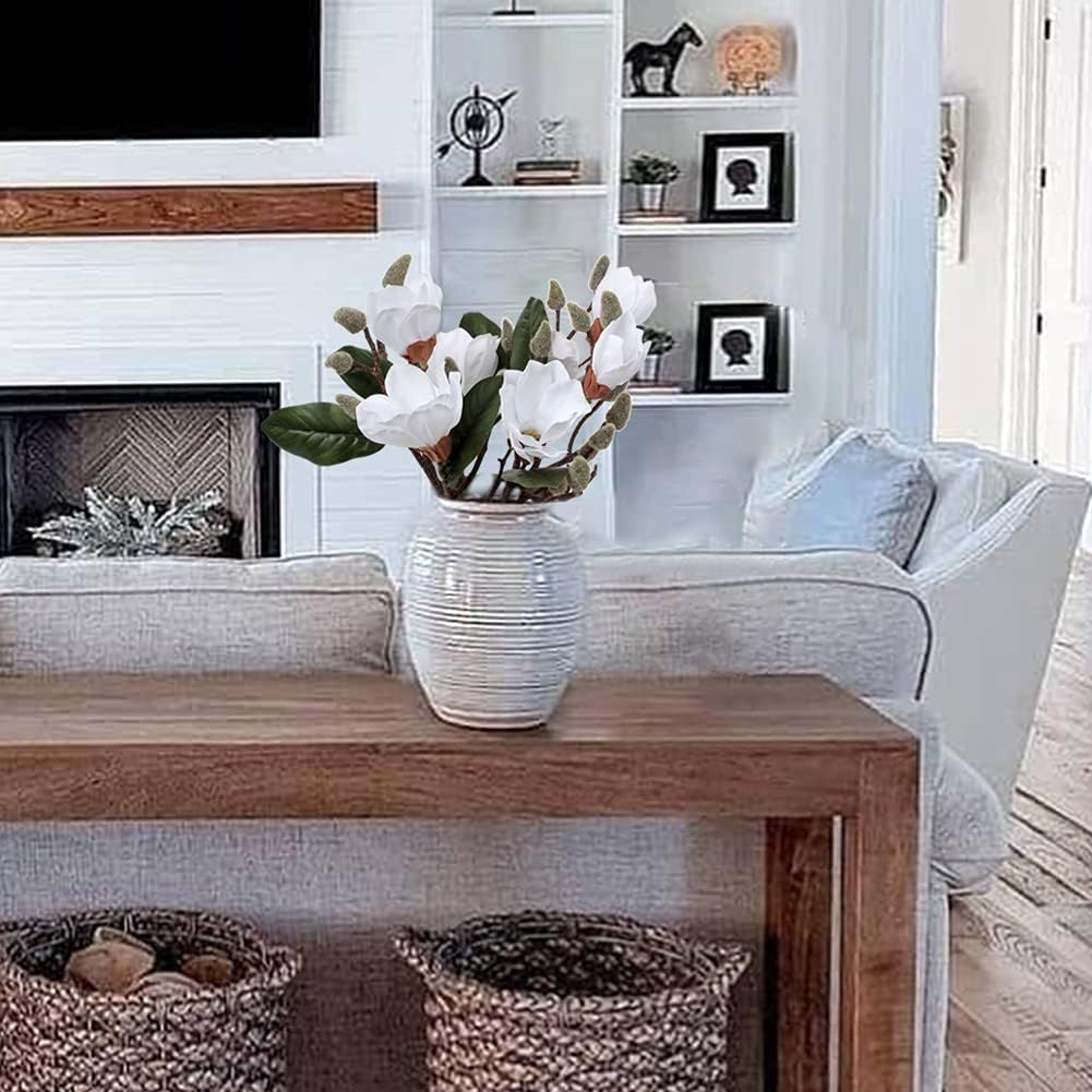 DILATATA Magnolia Fake Flowers Artificial Flower Magnolia Stems 17.7" Real Touch Magnolia Flowers Branch for Office Vase Table Centerpiece-Fake Flowers Home Decor Beige White Magnolia-4pcs
