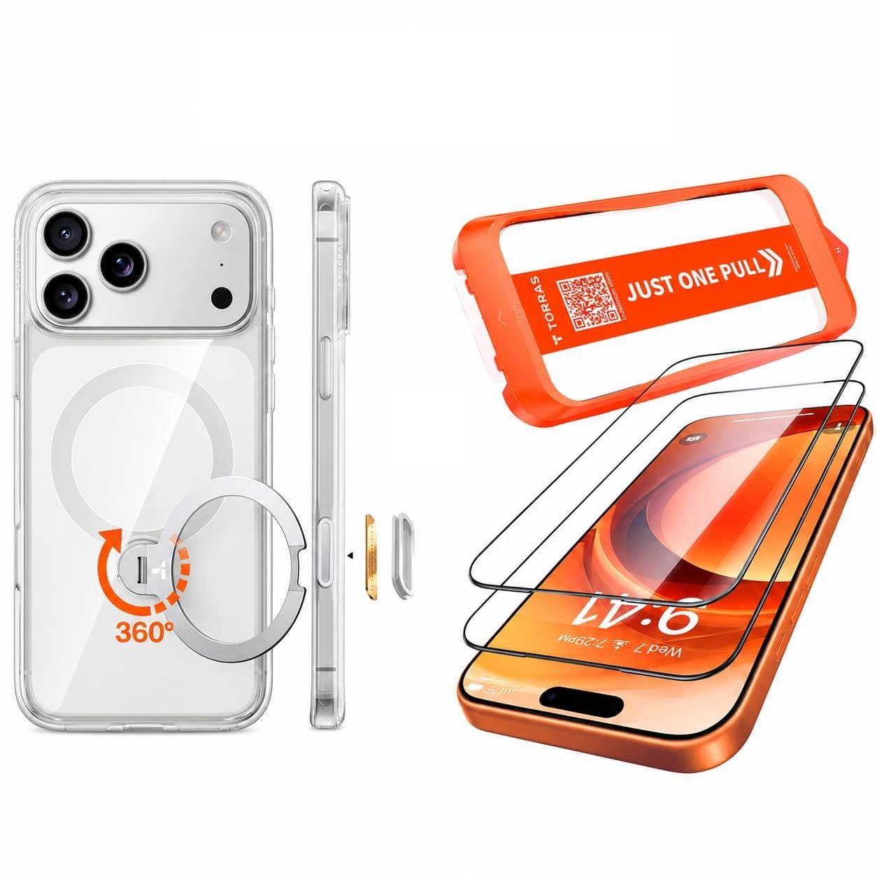 TORRAS für iPhone 17 Pro Max Hülle + Panzerglas, Q3 Spin Hülle mit 360° Ständer Transparent, 18N für MagSafe, 3,66 m Militär-Fallschutz + 2 Stück 9H+ Full Screen Schutzfolie, Auto-Montage, Kratzfest,