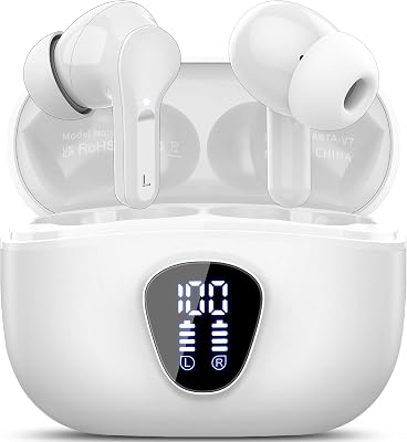 Ecouteurs Bluetooth sans Fil, Écouteurs Bluetooth 5.4 Oreillette Bluetooth Basses Immersives avec 4 ENC Mic, Casque Bluetooth sans Fil 46H avec Écran LED, Étanche IP7 Contrôle Tactile, Blanc (2026)