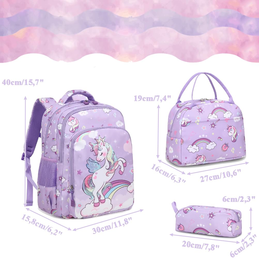 Kimwadalh Mochila Unicornio Niñas Primaria Mochila Escolar para Niñas 3 en 1 Juego de Bolsas Escolares Mochilas Infantiles Niñas Unicornio