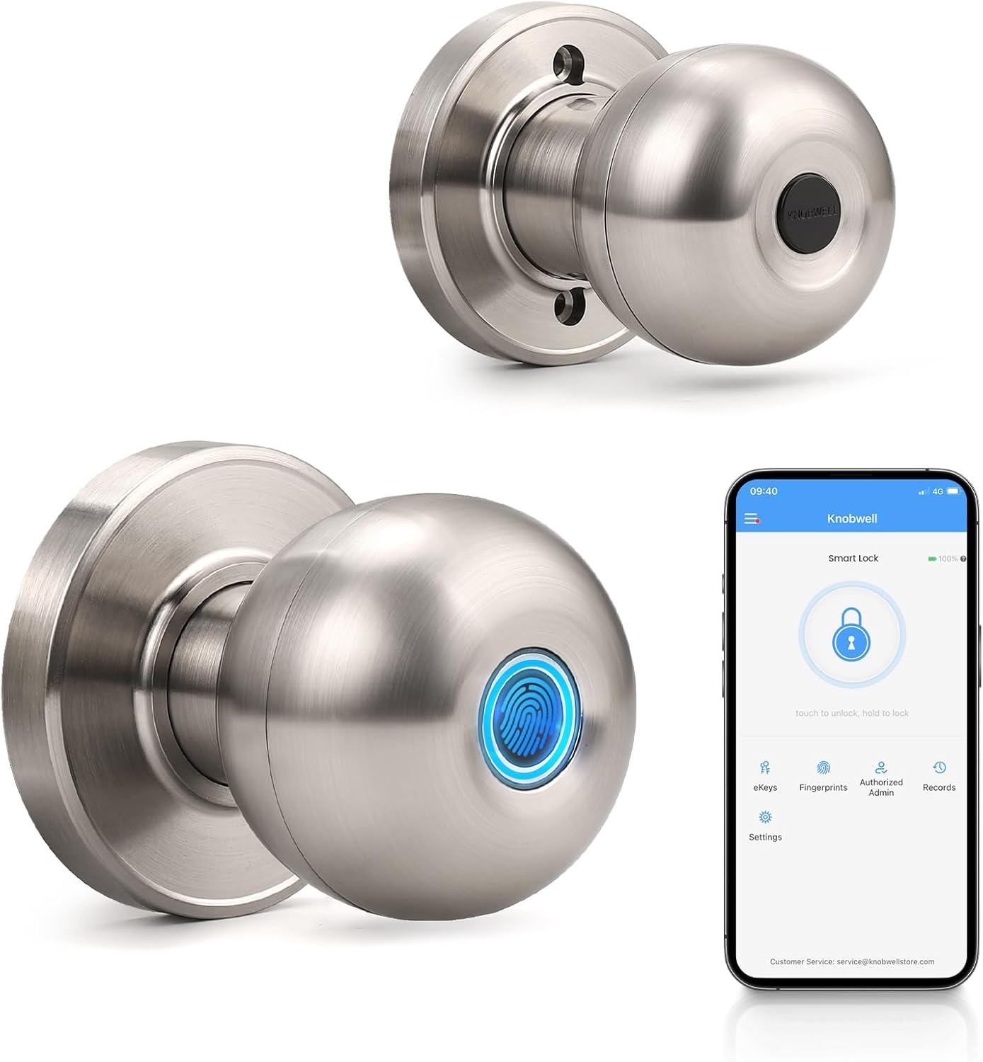 KNOBWELL Fingerprint Door Knob, Smart Door Knob with APP Control, Satin Nickel Keyless Entry Door Lock, Biometric Door Lock with Knob, Smart Lock for Bedroom Door Hotel Office Apartment
