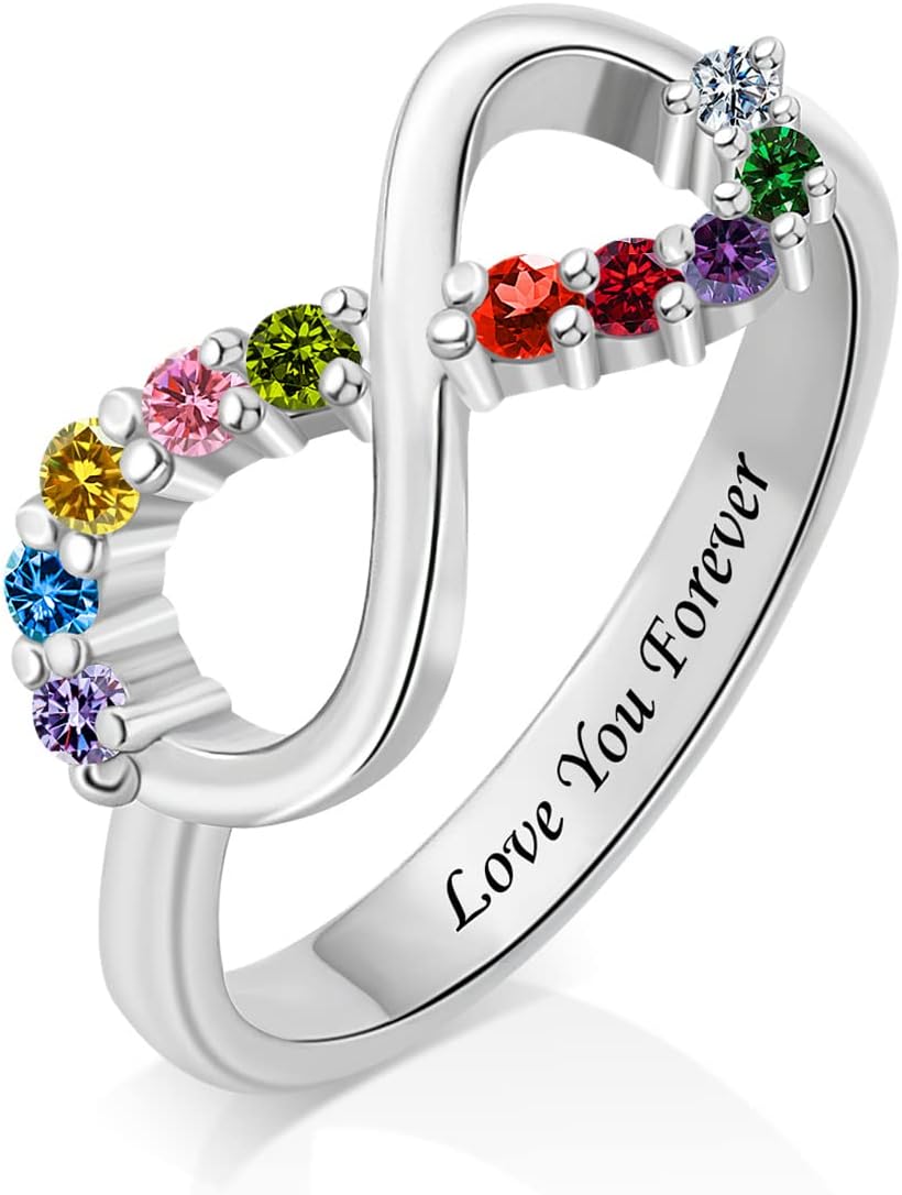 Personalized Sterling Silver Engraved Birthstone Infinite Rings for Mom With 1-10 Birthstones Custom Jewelry Gifts Family Rings For Mom Her For Mother's Day Christmas