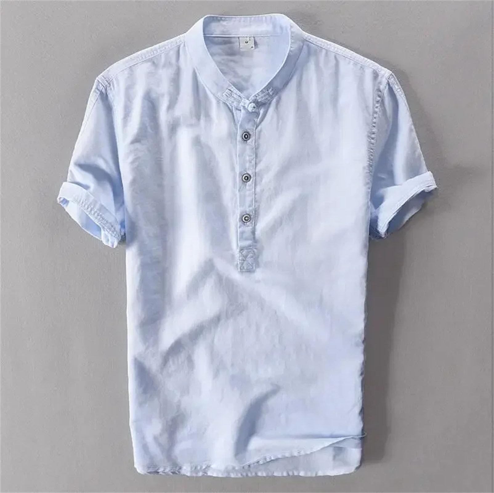 Camiseta de manga corta para hombre, cuello mandarín, algodón, lino, ajuste delgado, transpirable, informal, para uso diario