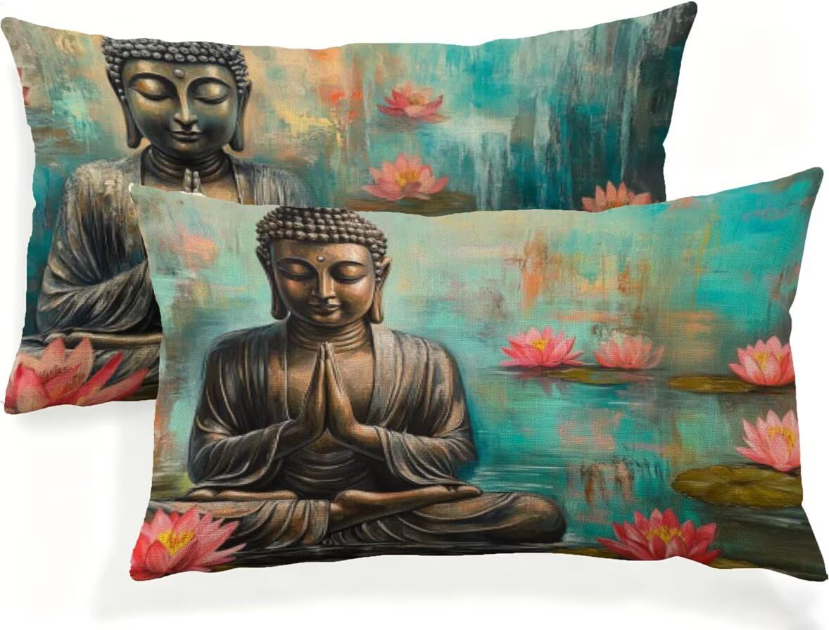 2er Set Kissenbezug 60x90 cm Grau Outdoor Kissen Wetterfest Leinen Zen Kopfkissenbezug Rechteckig mit Unsichtbarer Reißverschluss, Modernes Design Sofakissen für Garten Balkon Terrasse Lounge JK-601