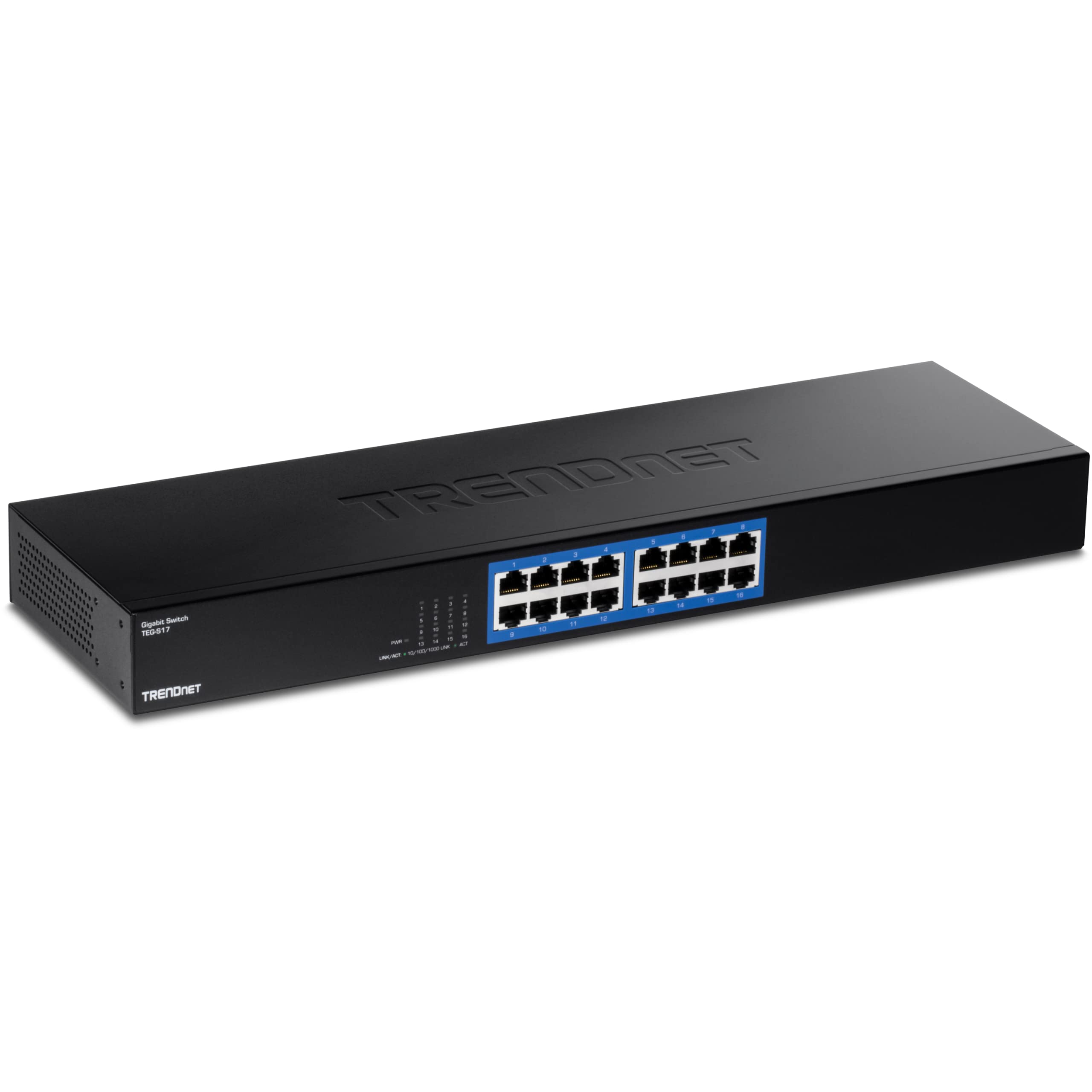 TRENDnet, TEG-S17, Commutateur Gigabit 16 Ports, 16 Ports Gigabit RJ-45, capacité de Commutation 32 Gbit/s, Conception sans Ventilateur, boîtier métallique, Alimentation Interne, Noir