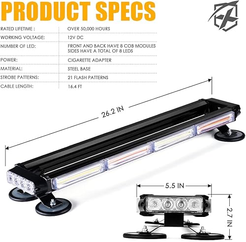 Miniatura 7 de Xprite Barra de luz LED estroboscópica COB de 26 pulgadas, luz intermitente de doble cara de advertencia de peligro con magnética para vehículos de