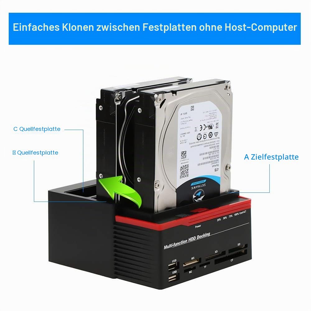 Bruce & Shark 3 IDE HDD/SSD Dockingstation IDE & SATA 2,5″/3,5″ – USB 2.0 Hub + Kartenleser (MS/M2/XD/CF/SD/TF) – 2,5″/3,5″ SATA I/II + IDE Festplattenklon,One Touch Backup & Disc Copy – 12 V 5 A